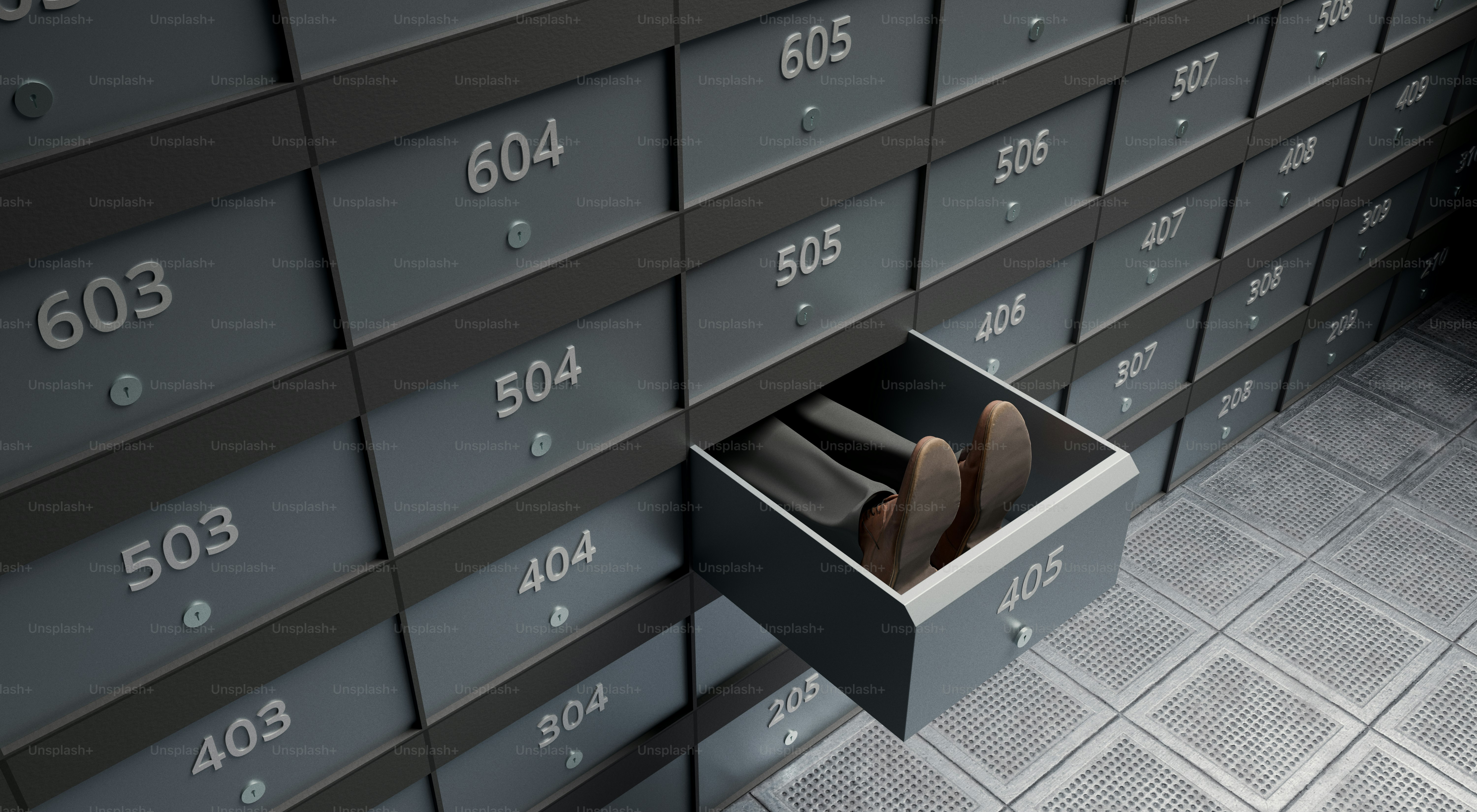Open safe deposit box with shoes inside.