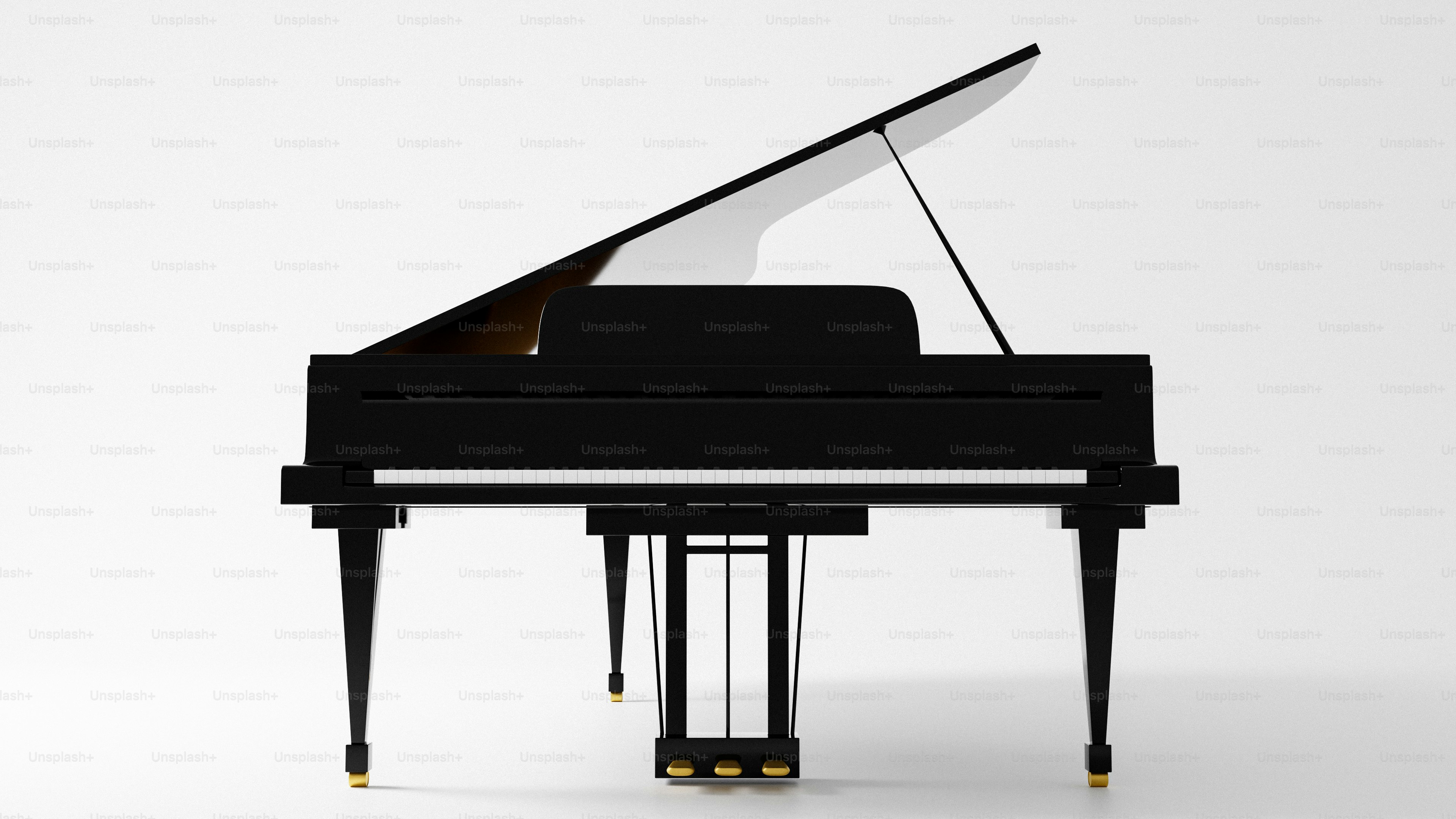A black grand piano with its lid open