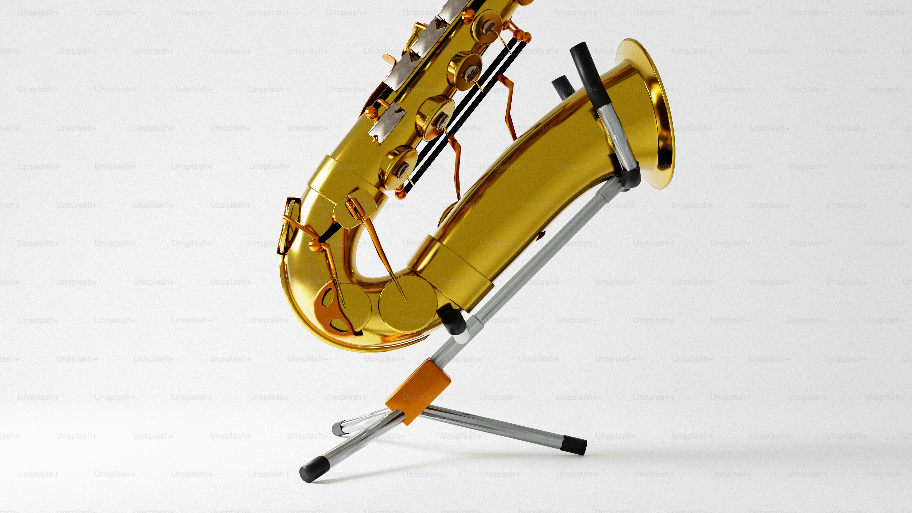 A golden saxophone rests on a stand.