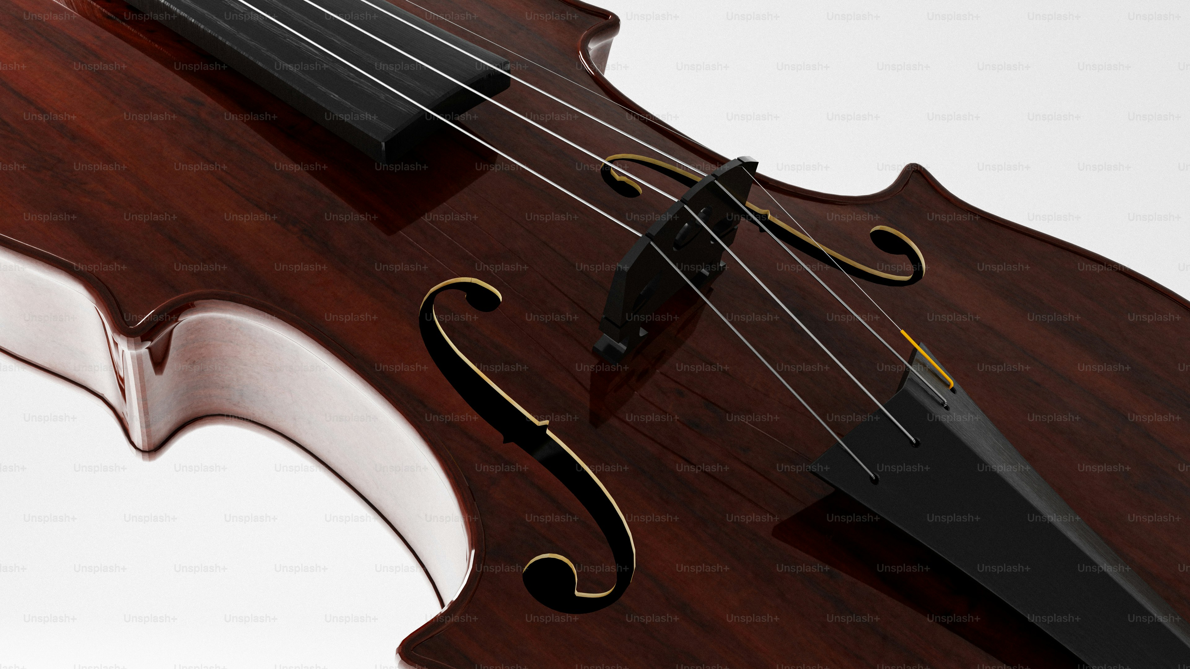Close-up of a polished wooden cello's strings.