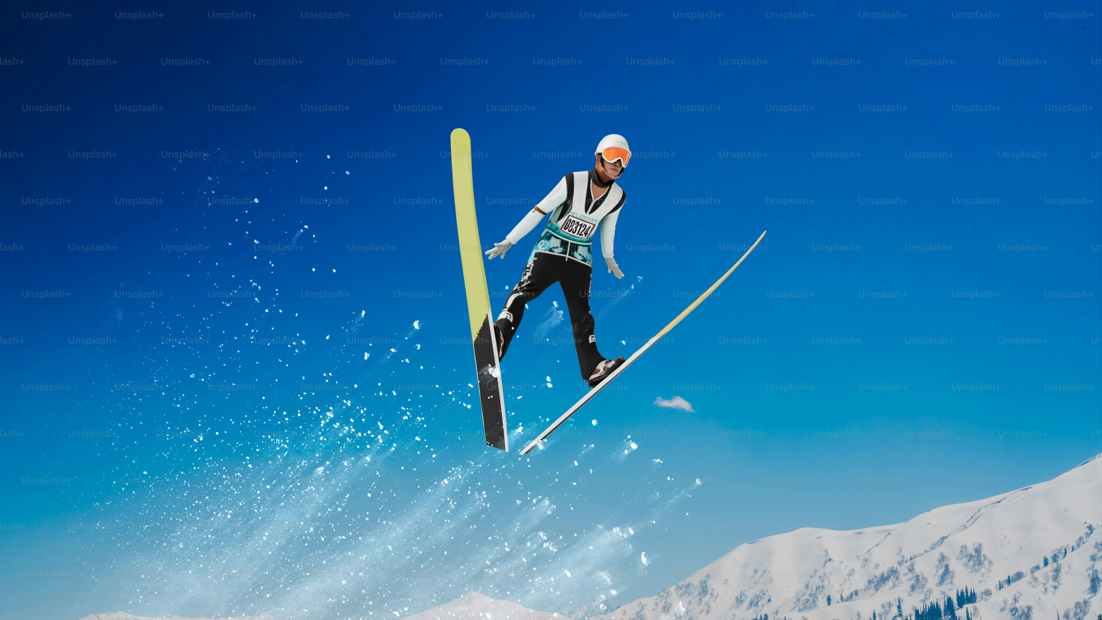 A ski jumper soars through the air against blue sky.