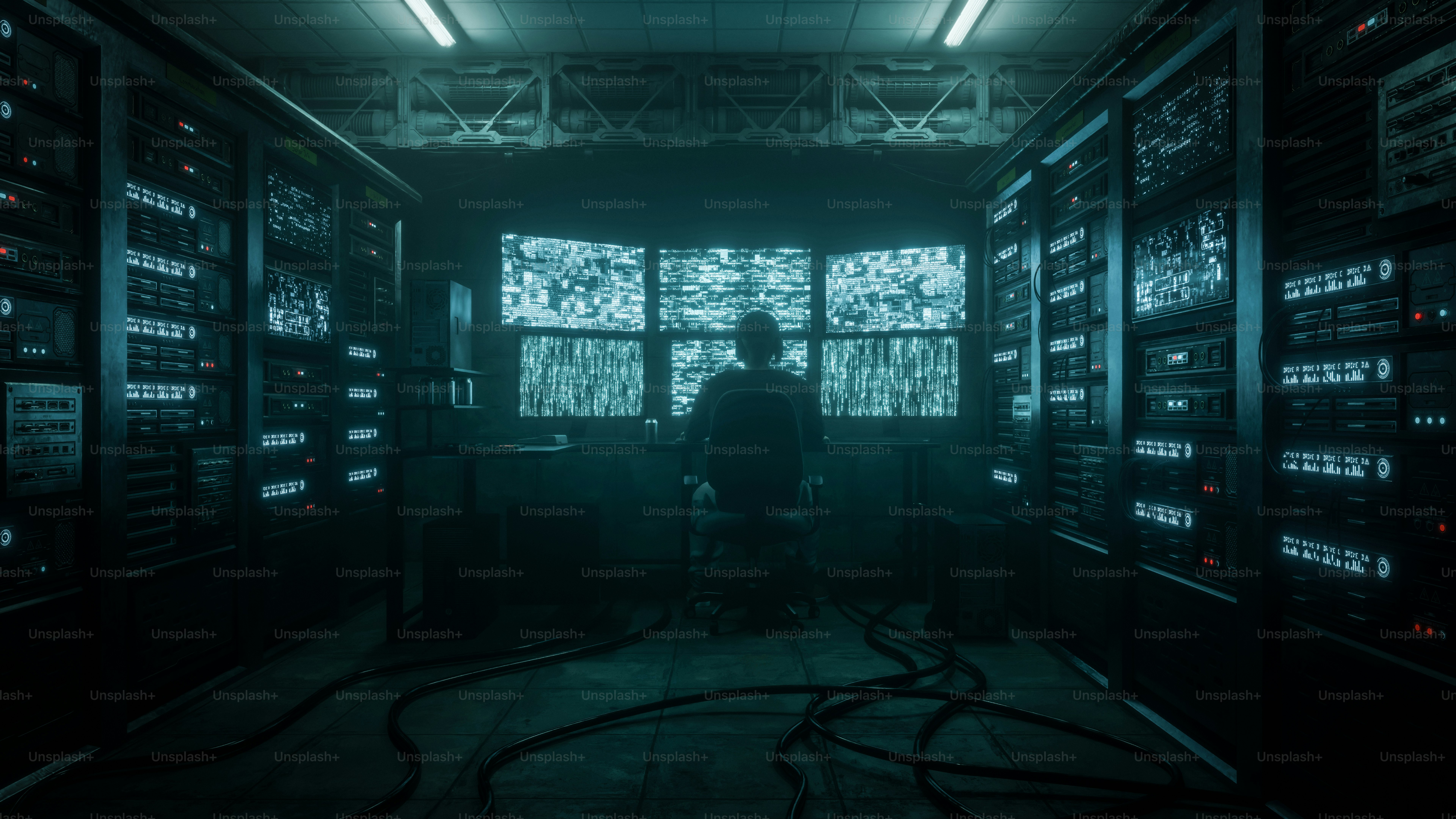 Person in dark room with multiple computer screens