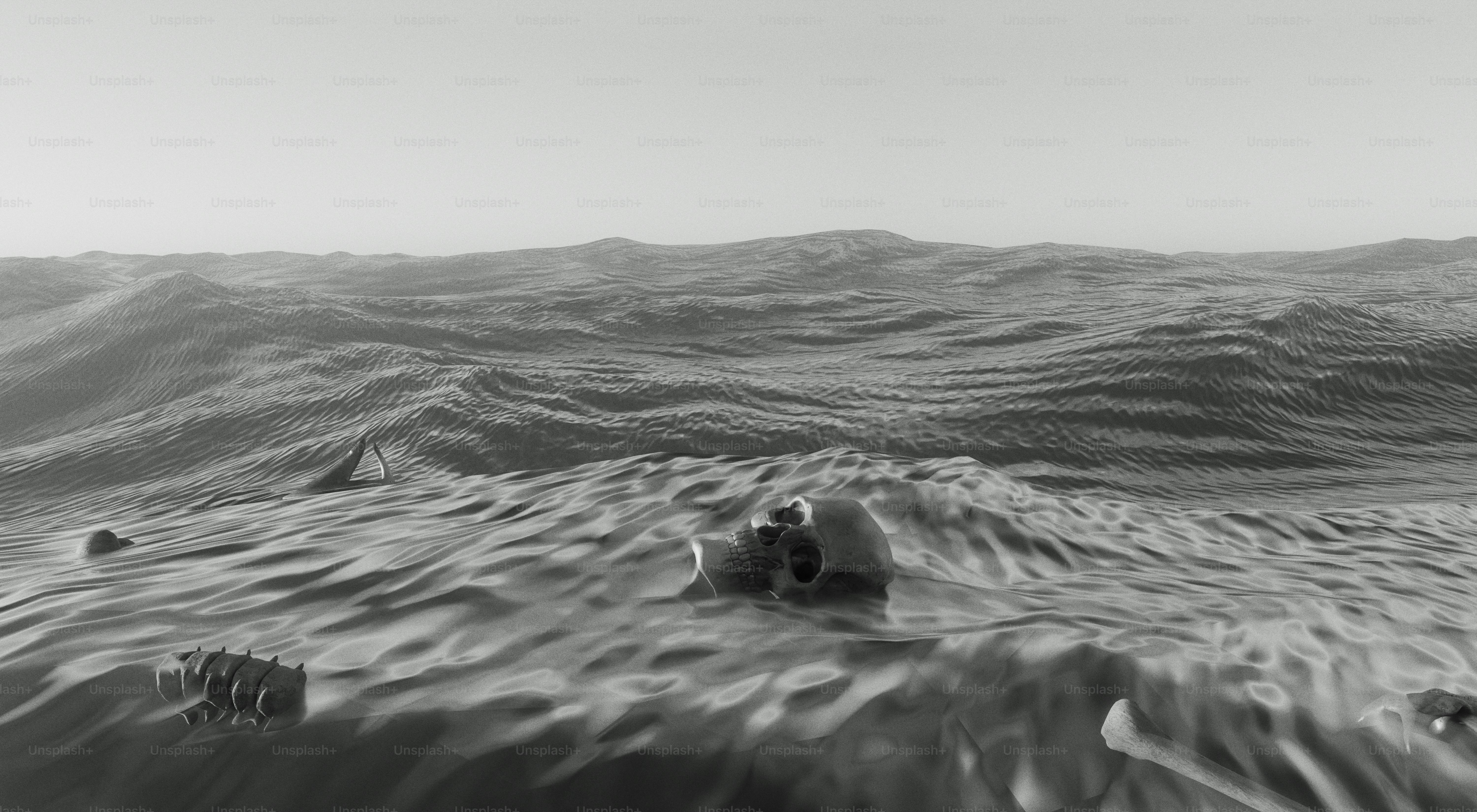 Wreckage floats in rough ocean waves under a clear sky