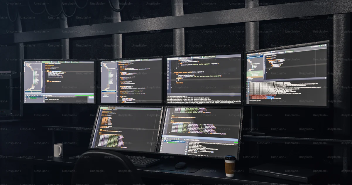 Multiple computer monitors displaying code in a dark room. photo ...