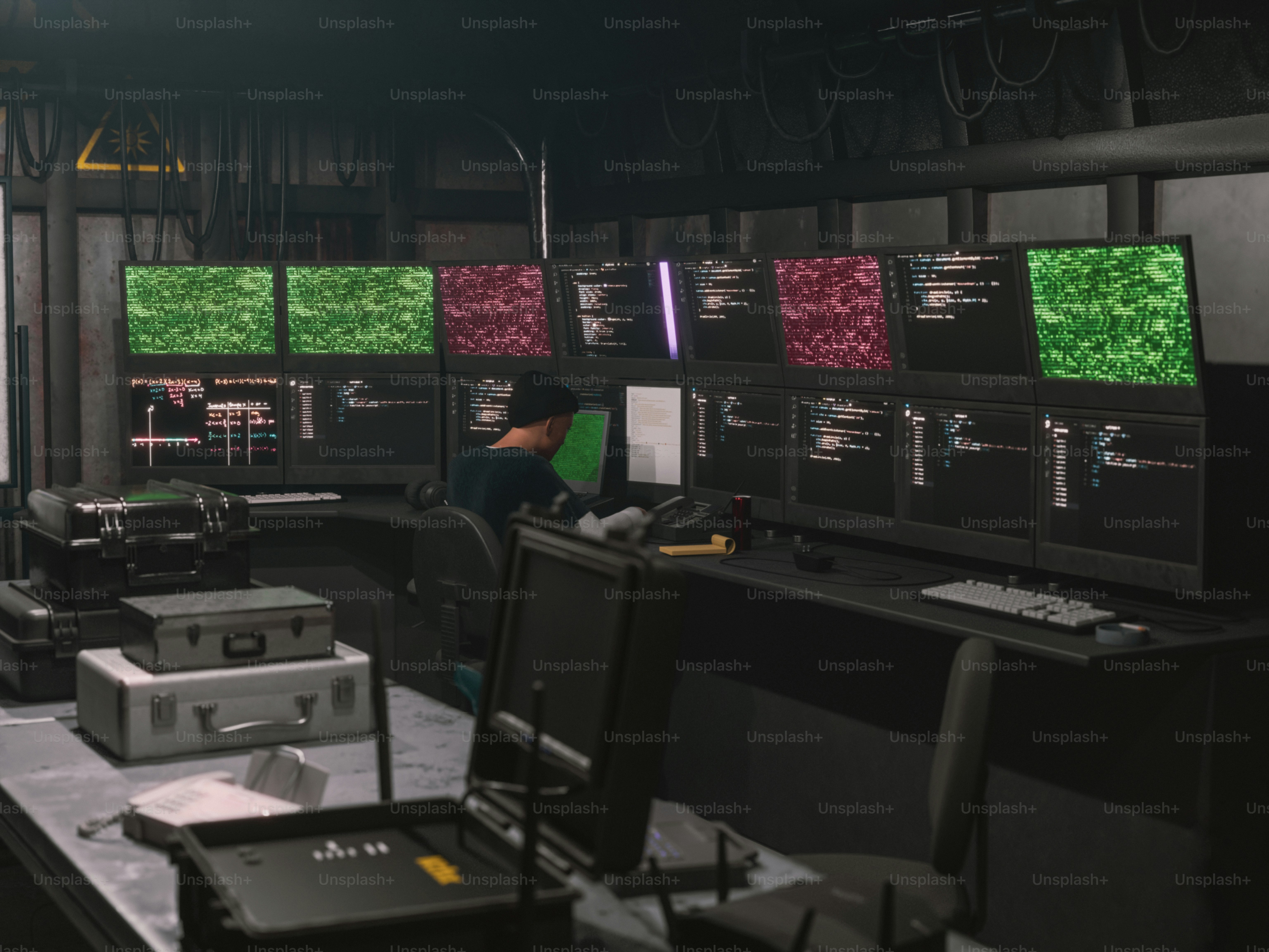 Multiple computer monitors displaying code in a dark room. photo ...
