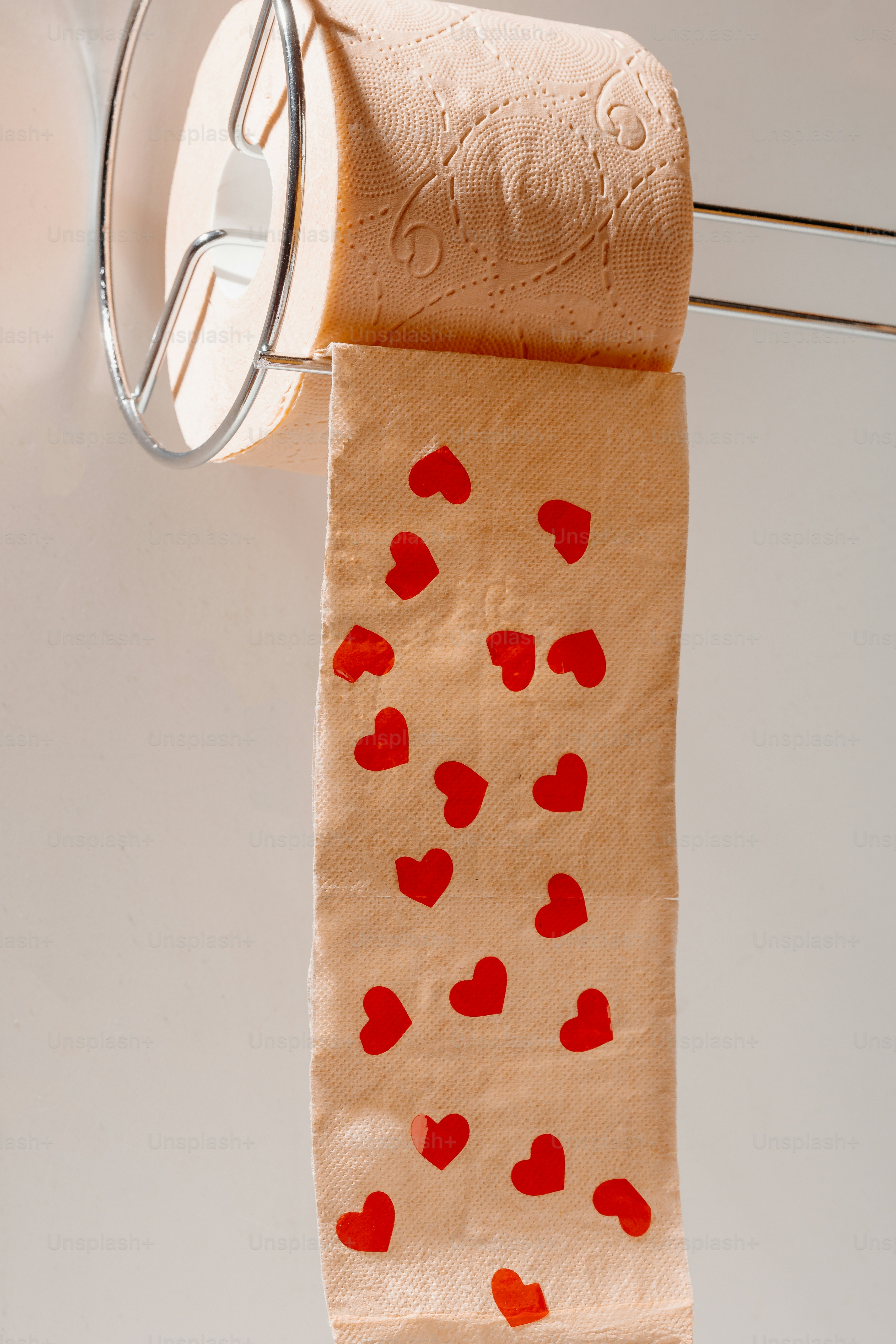 Toilet paper with red hearts on holder
