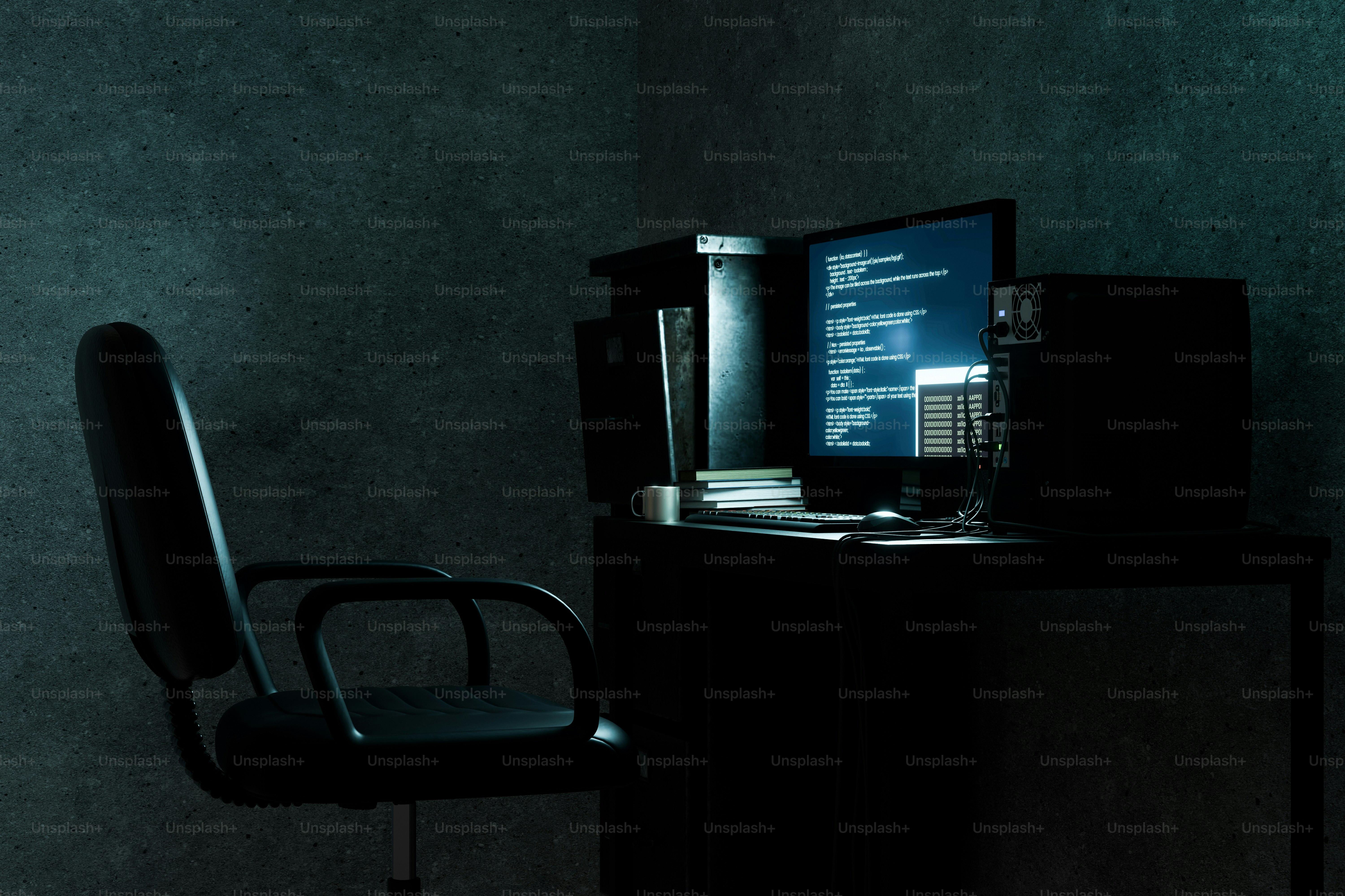 Quarto escuro com computador e cadeira