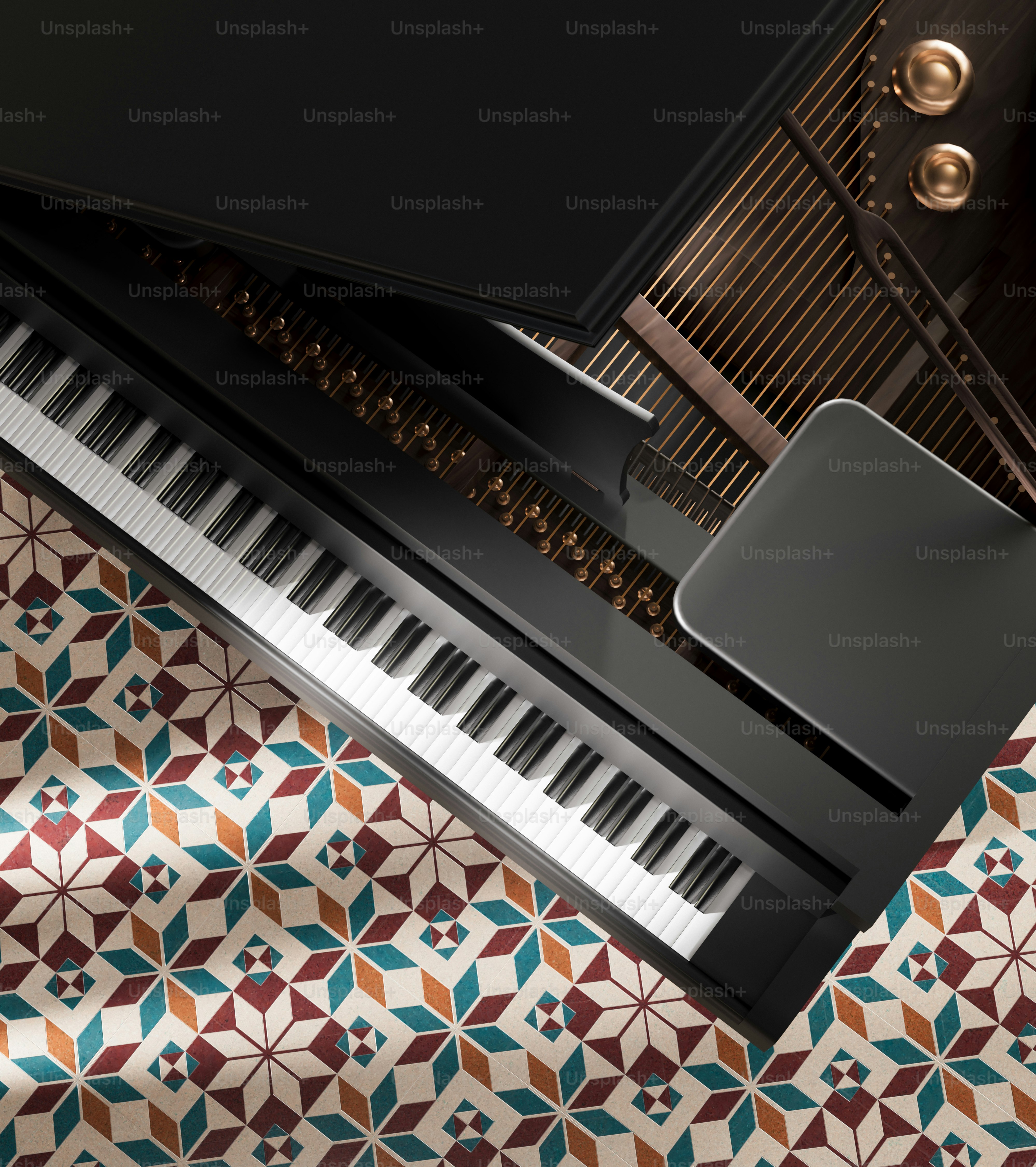 A black grand piano rests on a patterned floor.