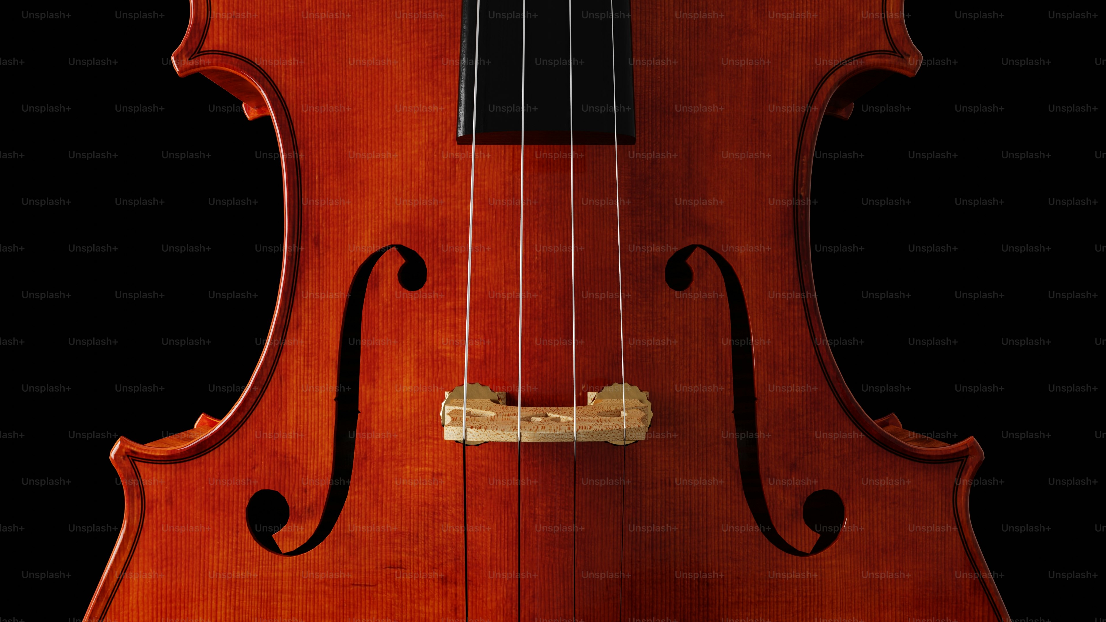Close-up of a cello on a black background