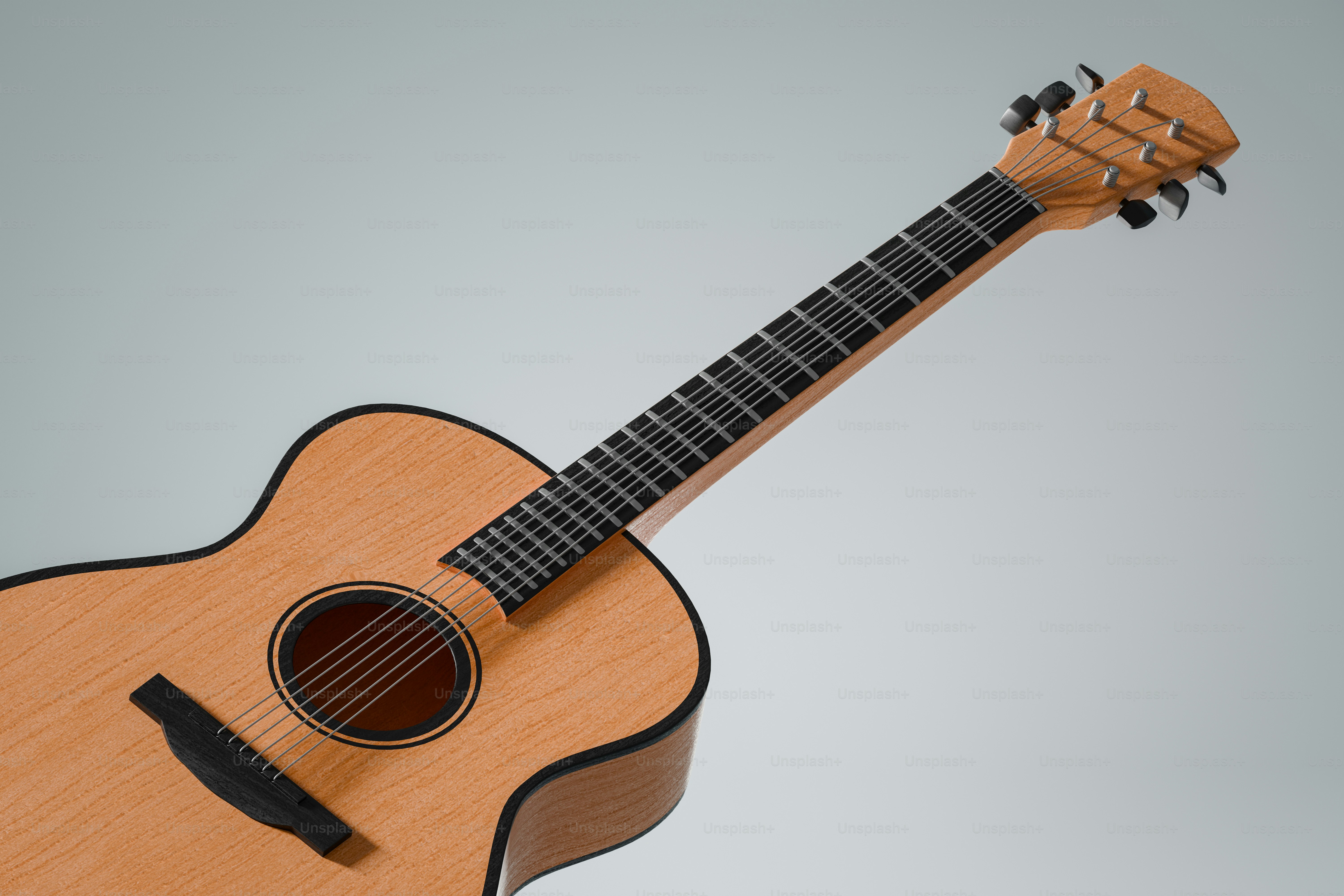 Violão acústico com acabamento em madeira clara e fundo cinza