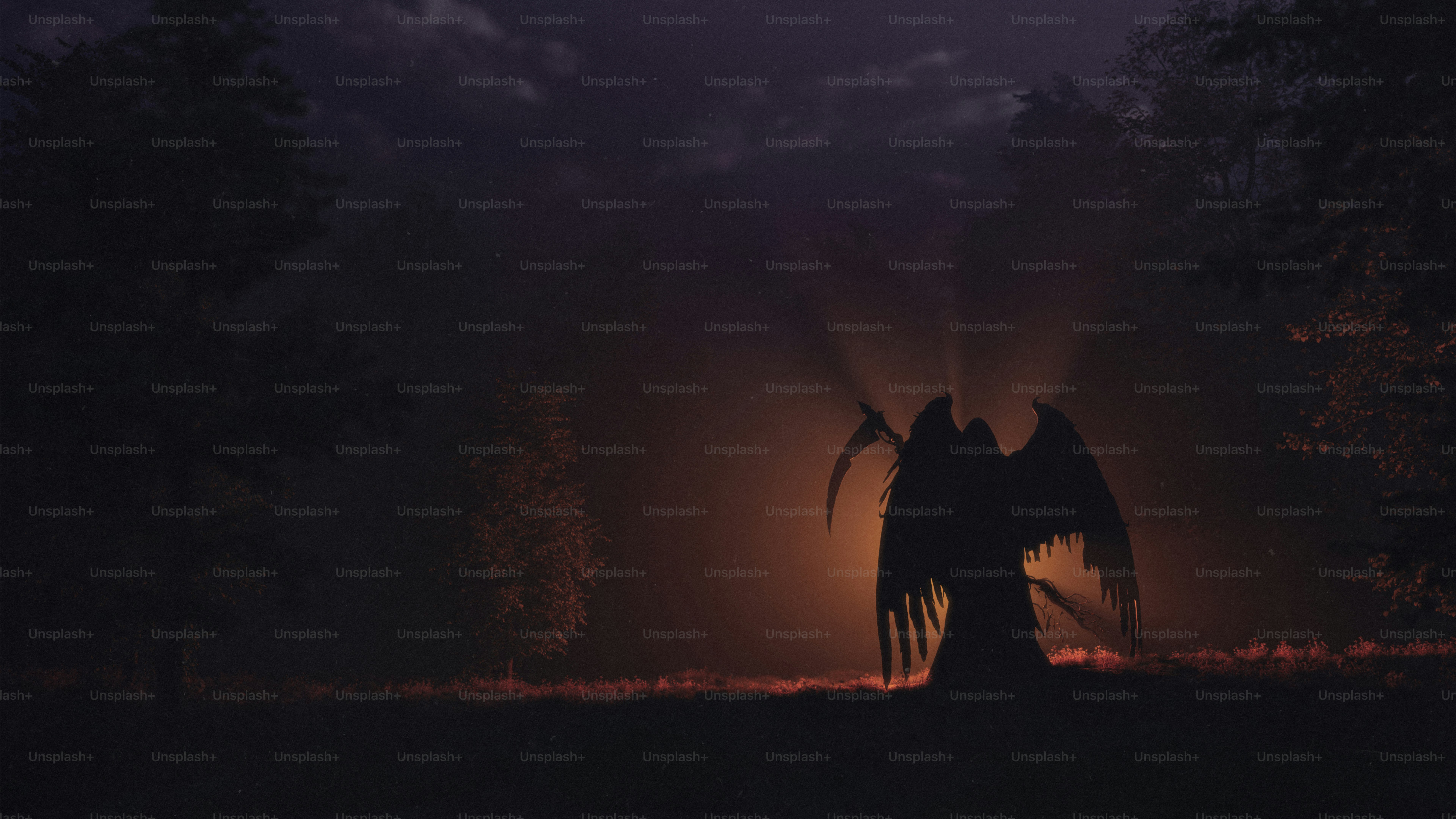 Silhouette of the grim reaper in a dark forest