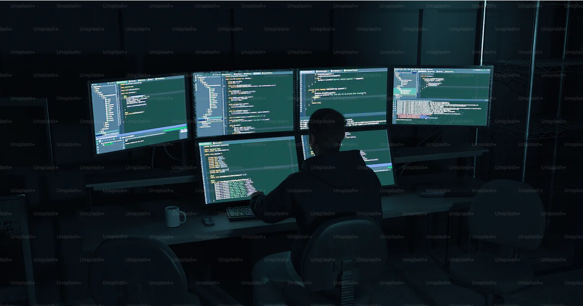 Person working on multiple computer screens with code photo ...