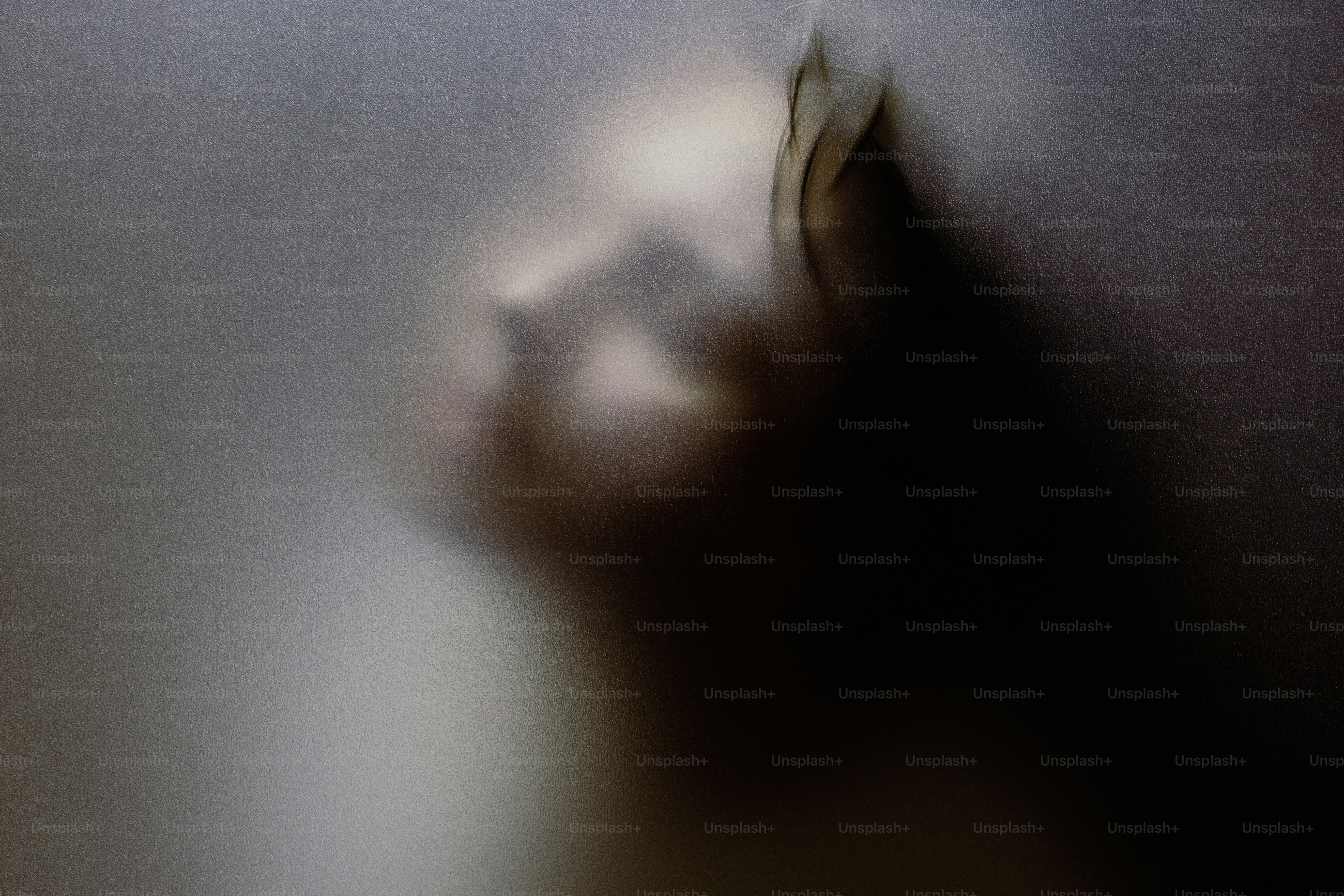 Blurred face seen through frosted glass