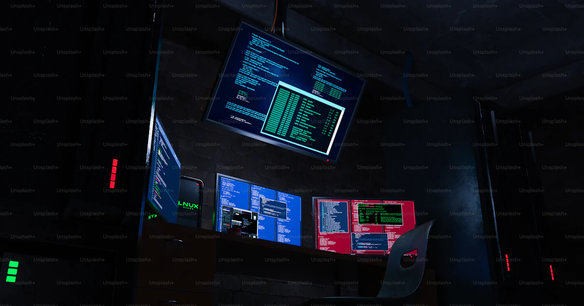 Multiple computer screens display code in a dark room. photo ...
