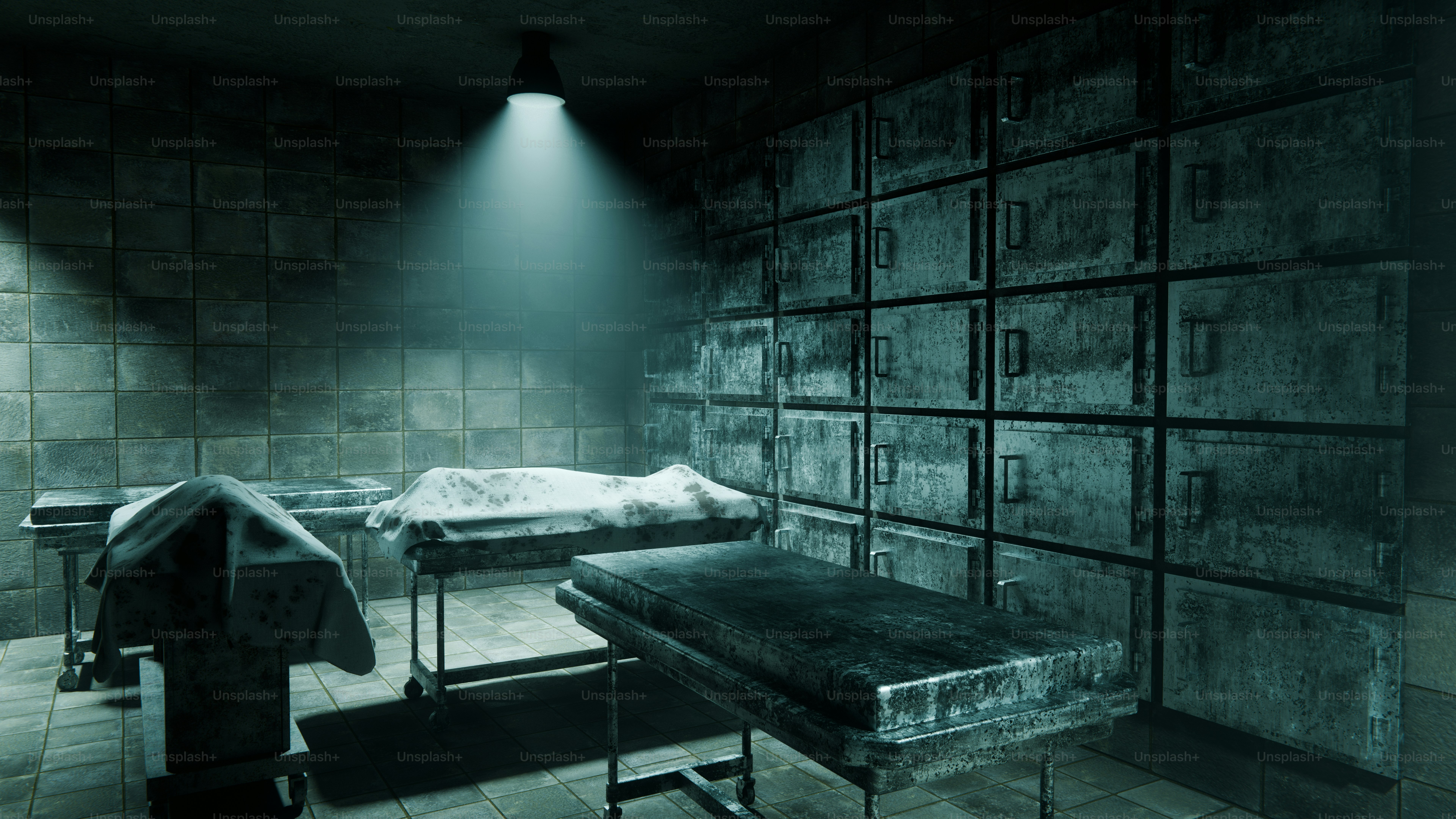 遺体がテーブルや引き出しの上に置かれた検視室