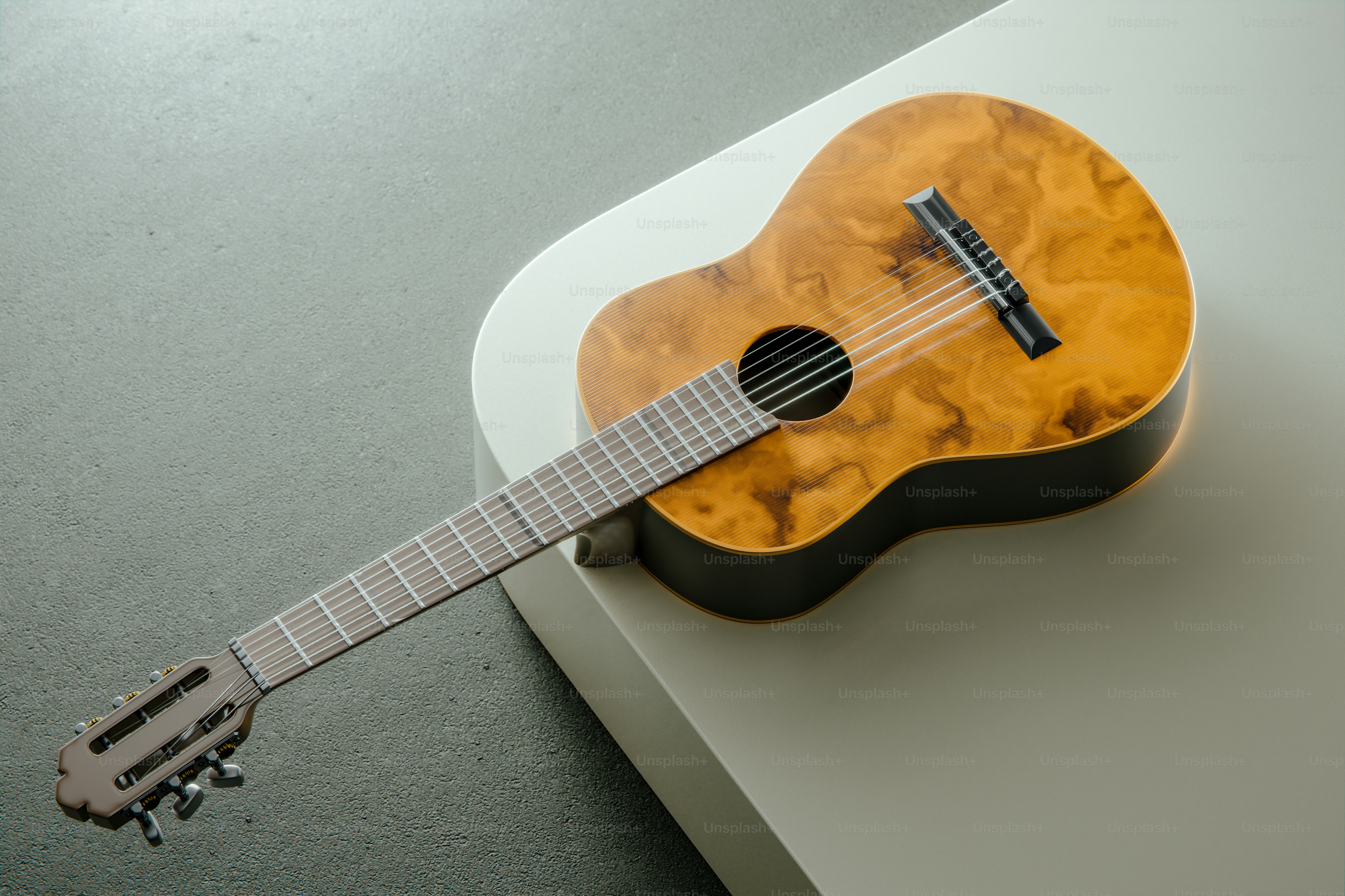 Acoustic guitar with a unique wood grain pattern.