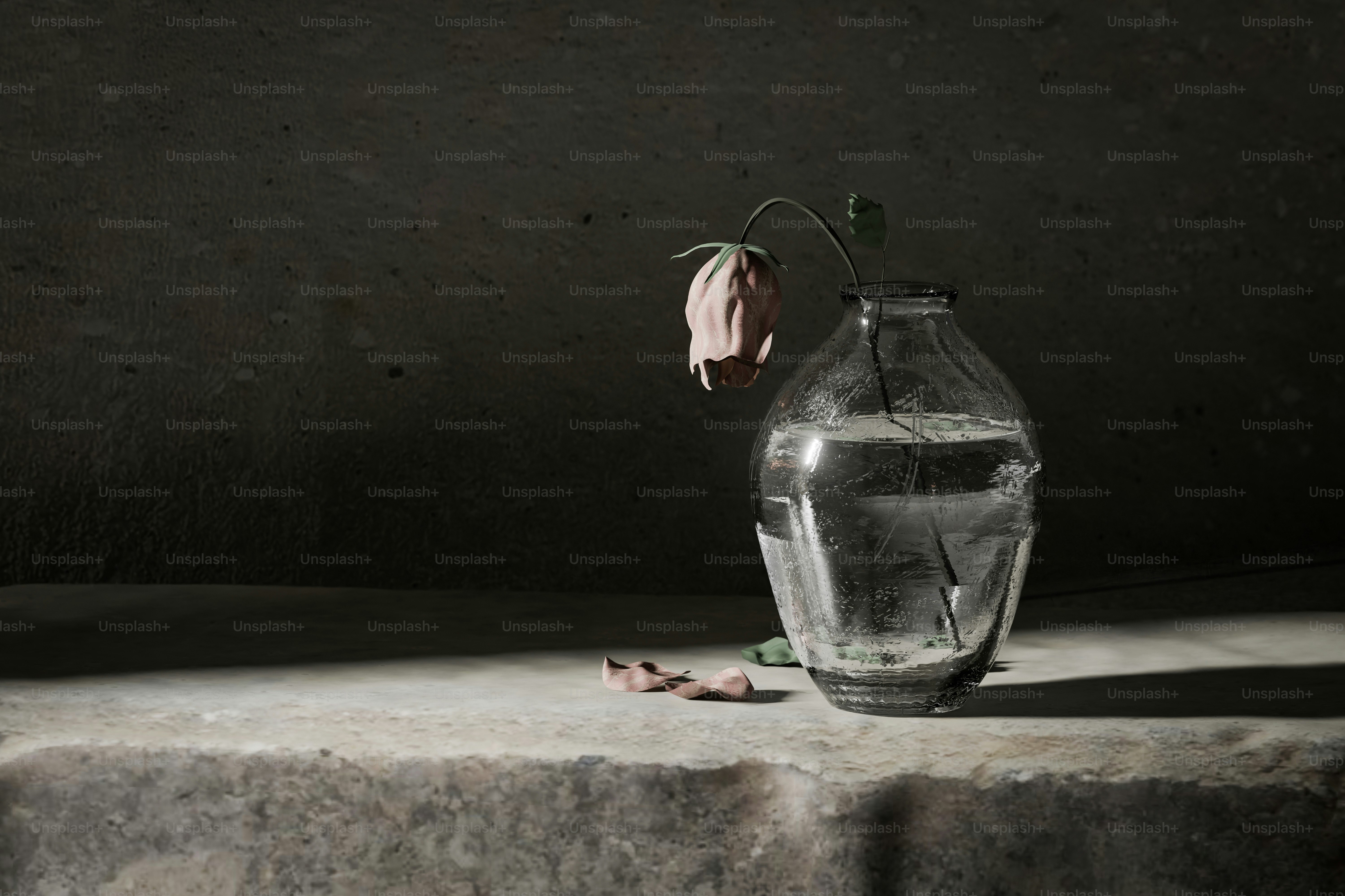 Uma rosa murcha em um vaso de vidro sobre uma prateleira.