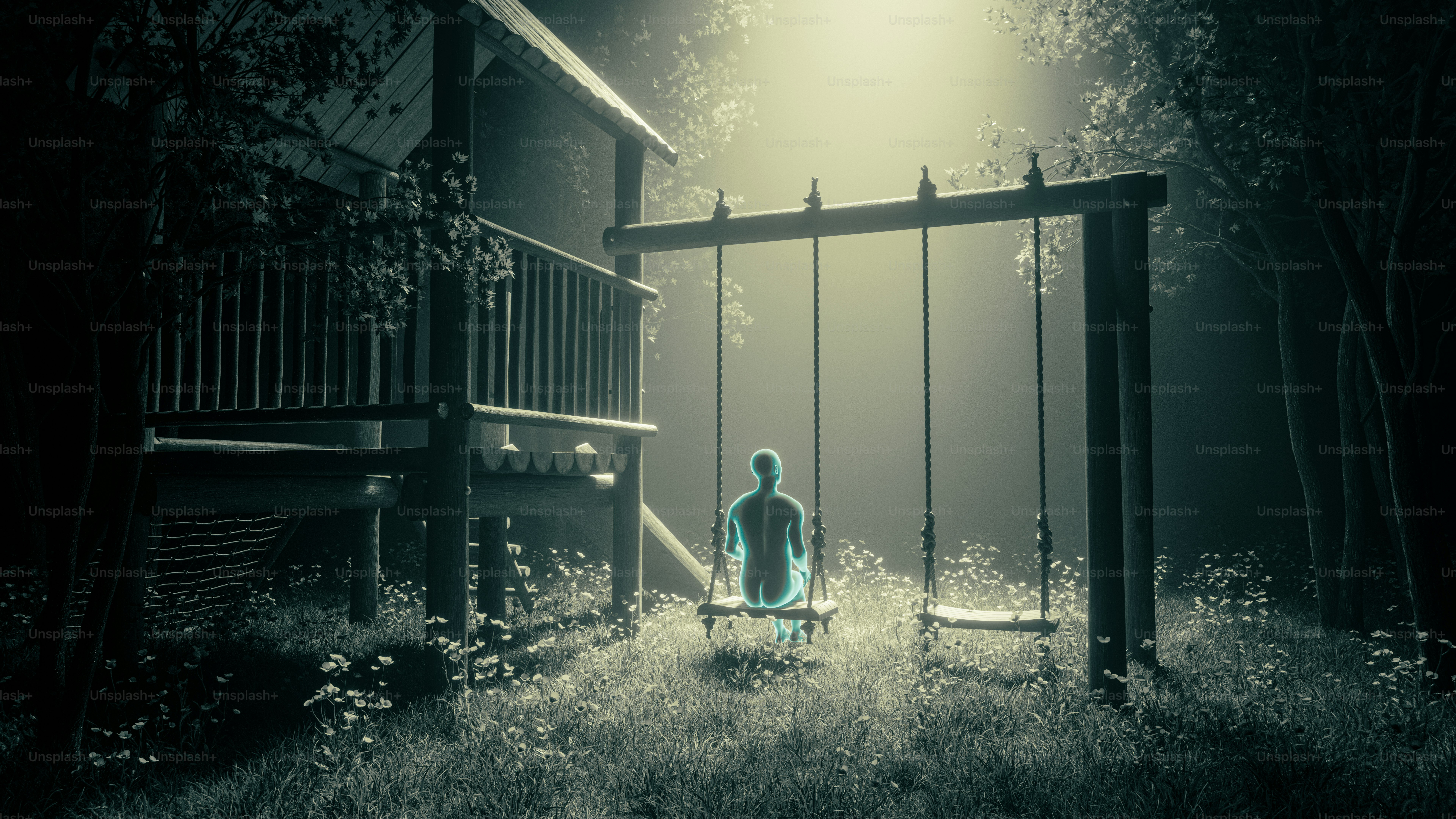 夜のブランコに乗る幽玄な姿