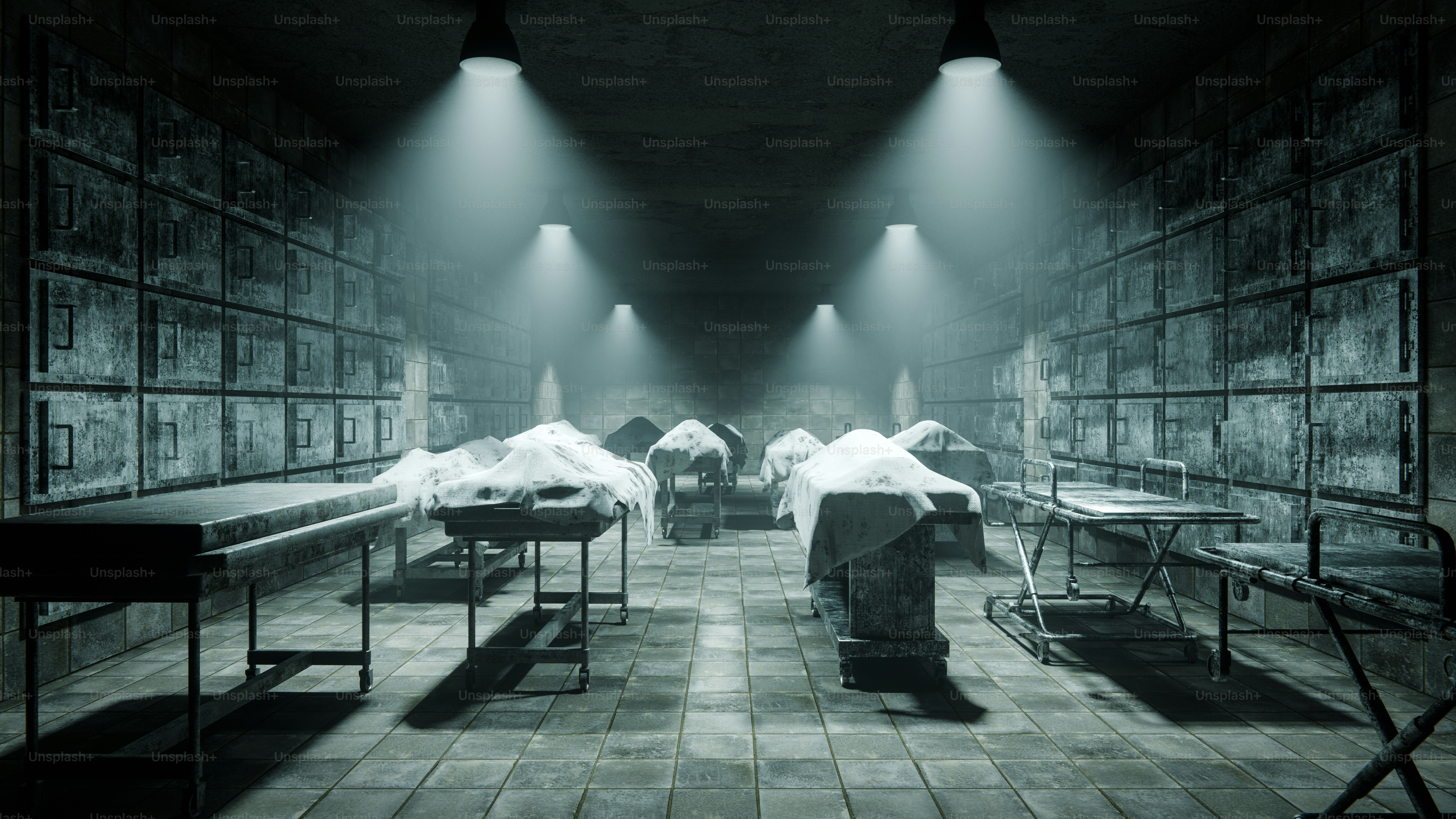 Covered bodies on tables in a dimly lit room.