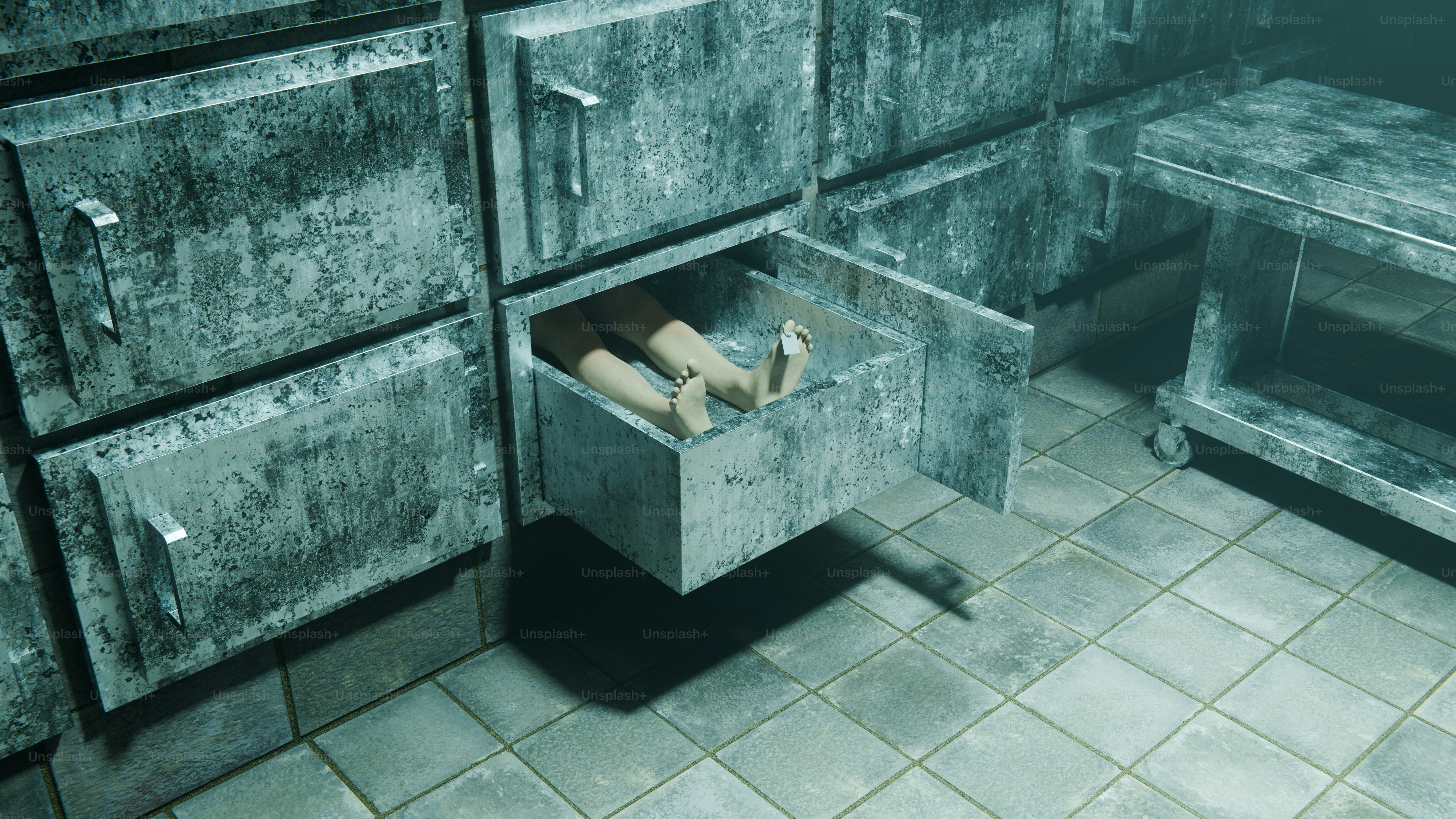 A body lies in an open drawer of a morgue.