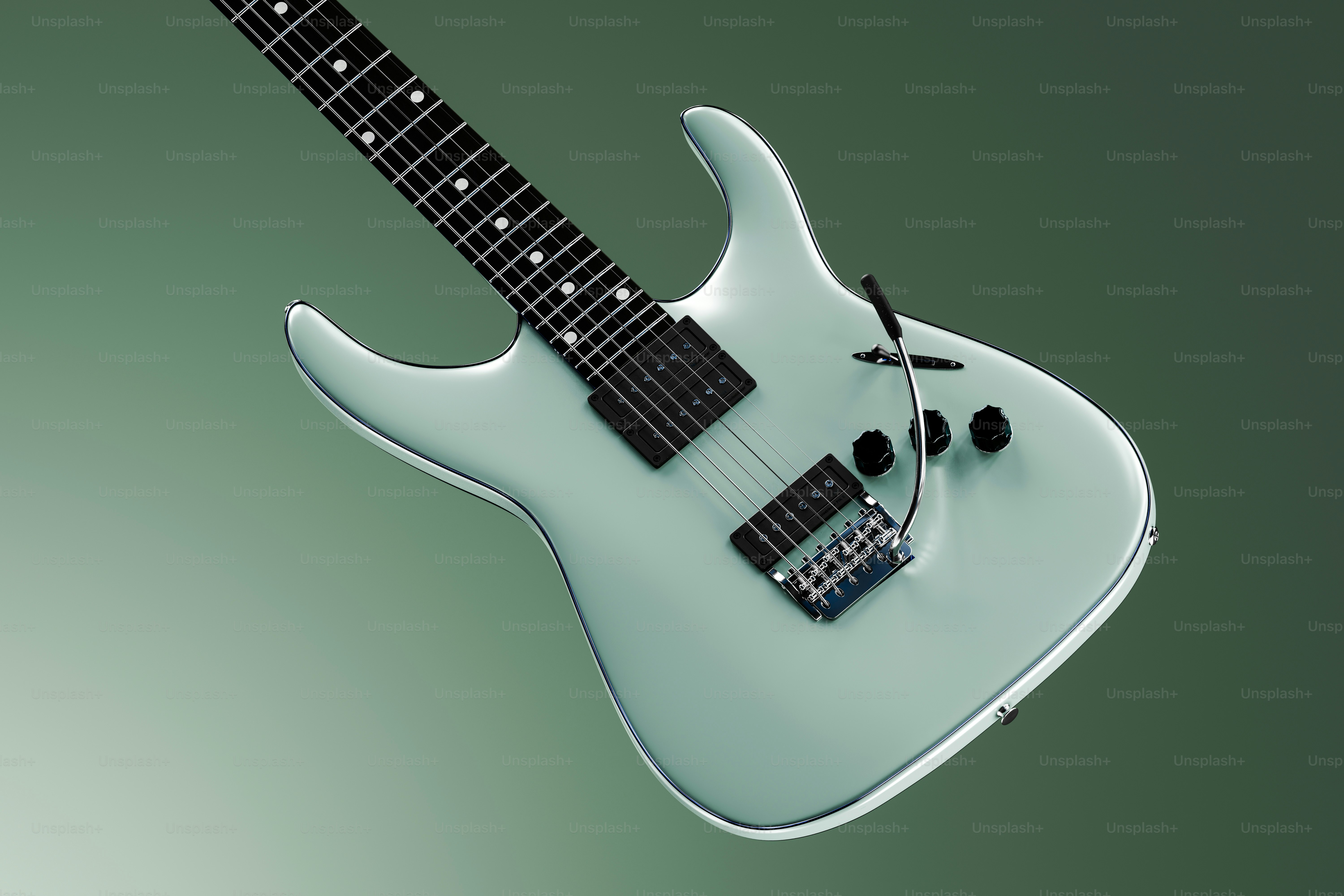 Uma guitarra elétrica azul claro sobre um fundo degradado