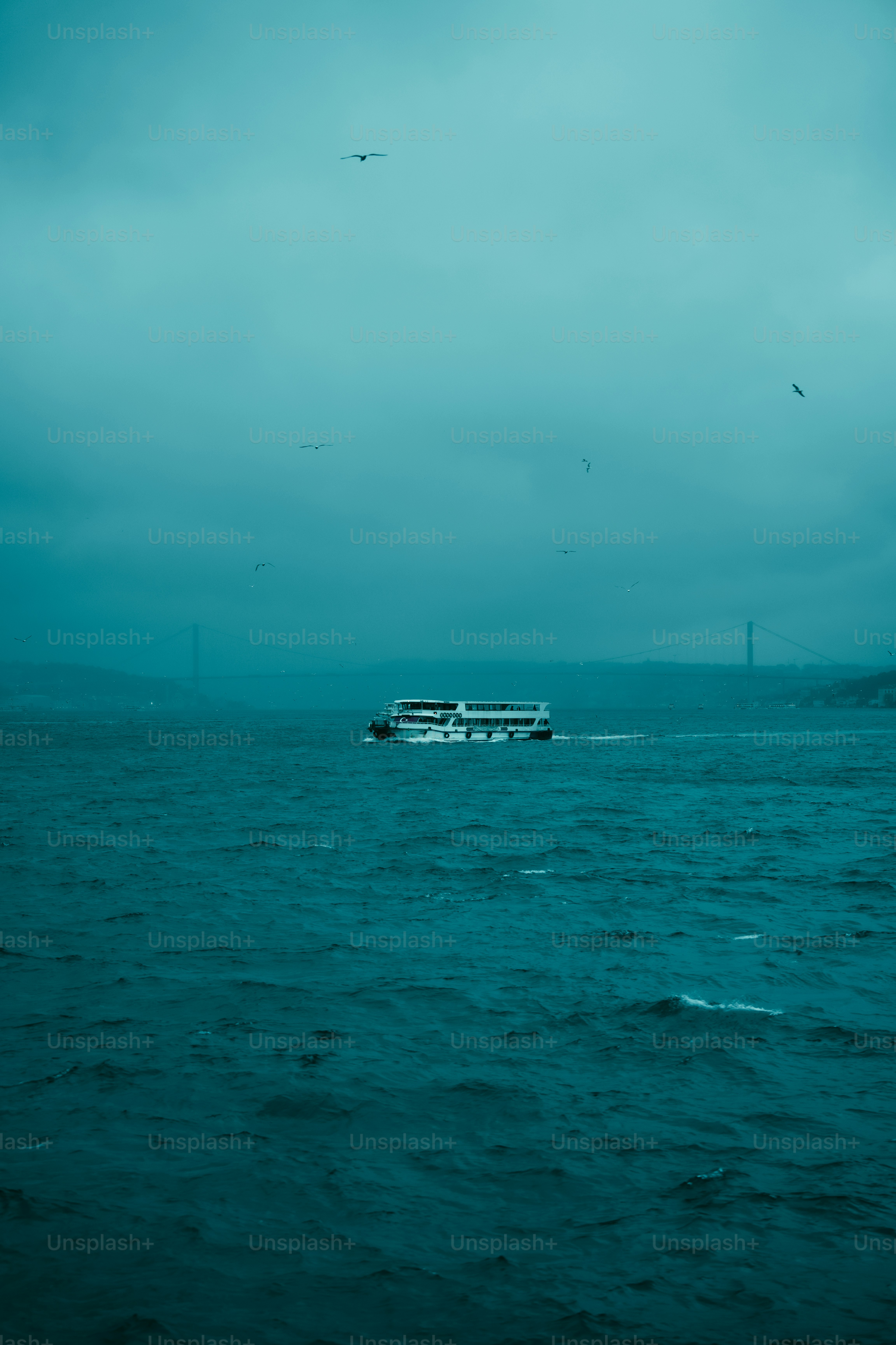 A ferry boat sails on a choppy, overcast sea.