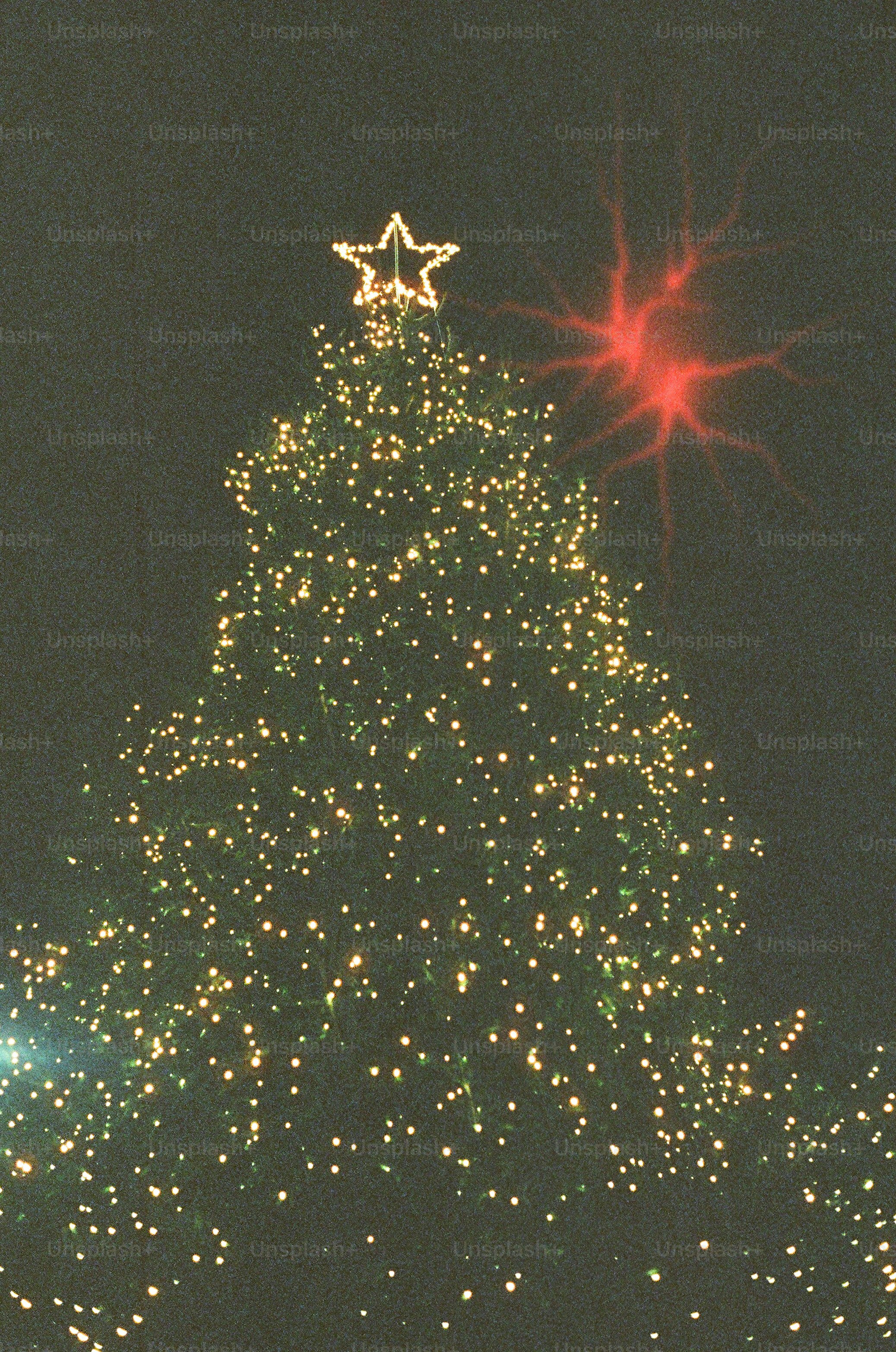 A tall christmas tree adorned with lights at night.