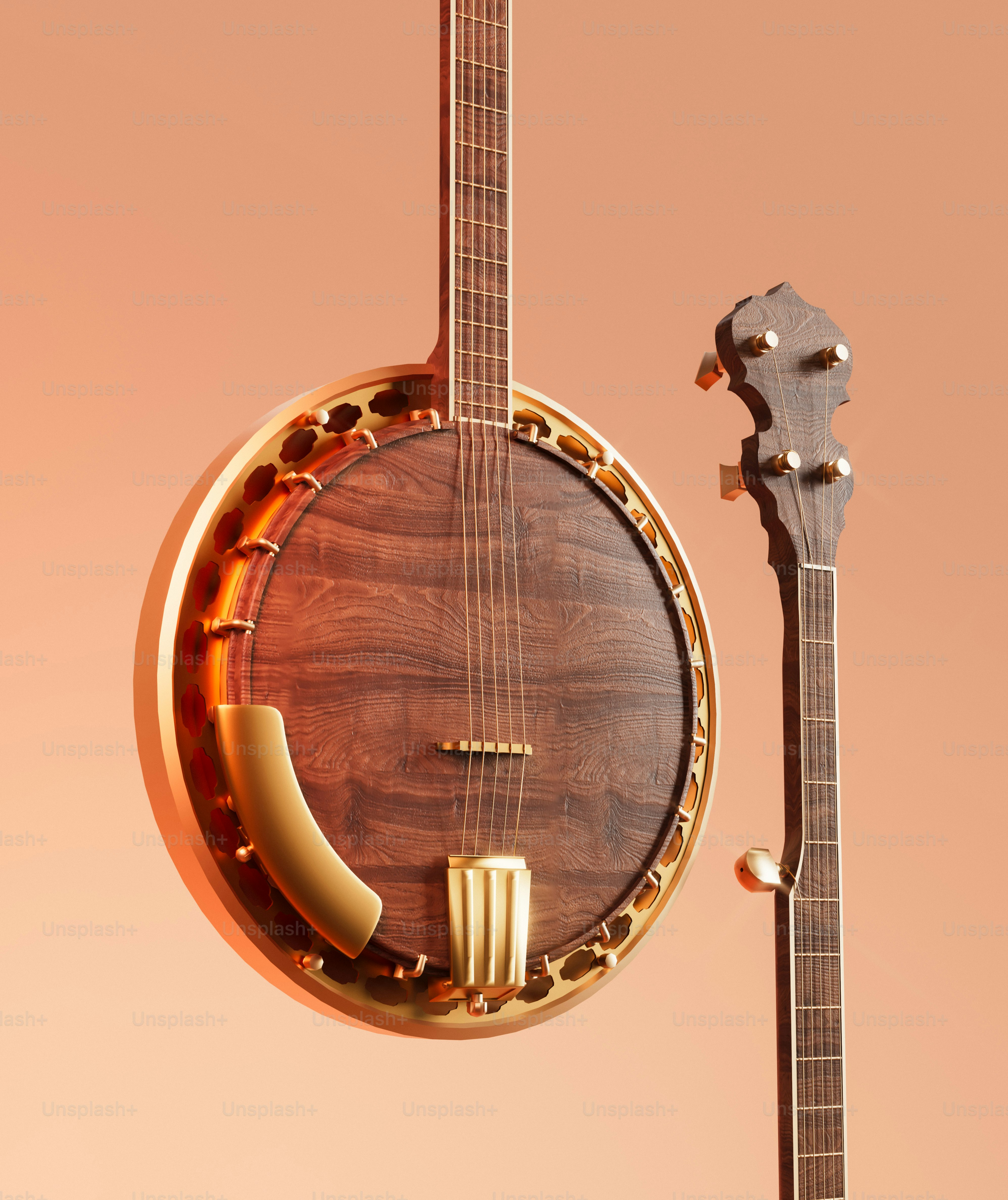 Two banjos with wooden bodies and brass accents