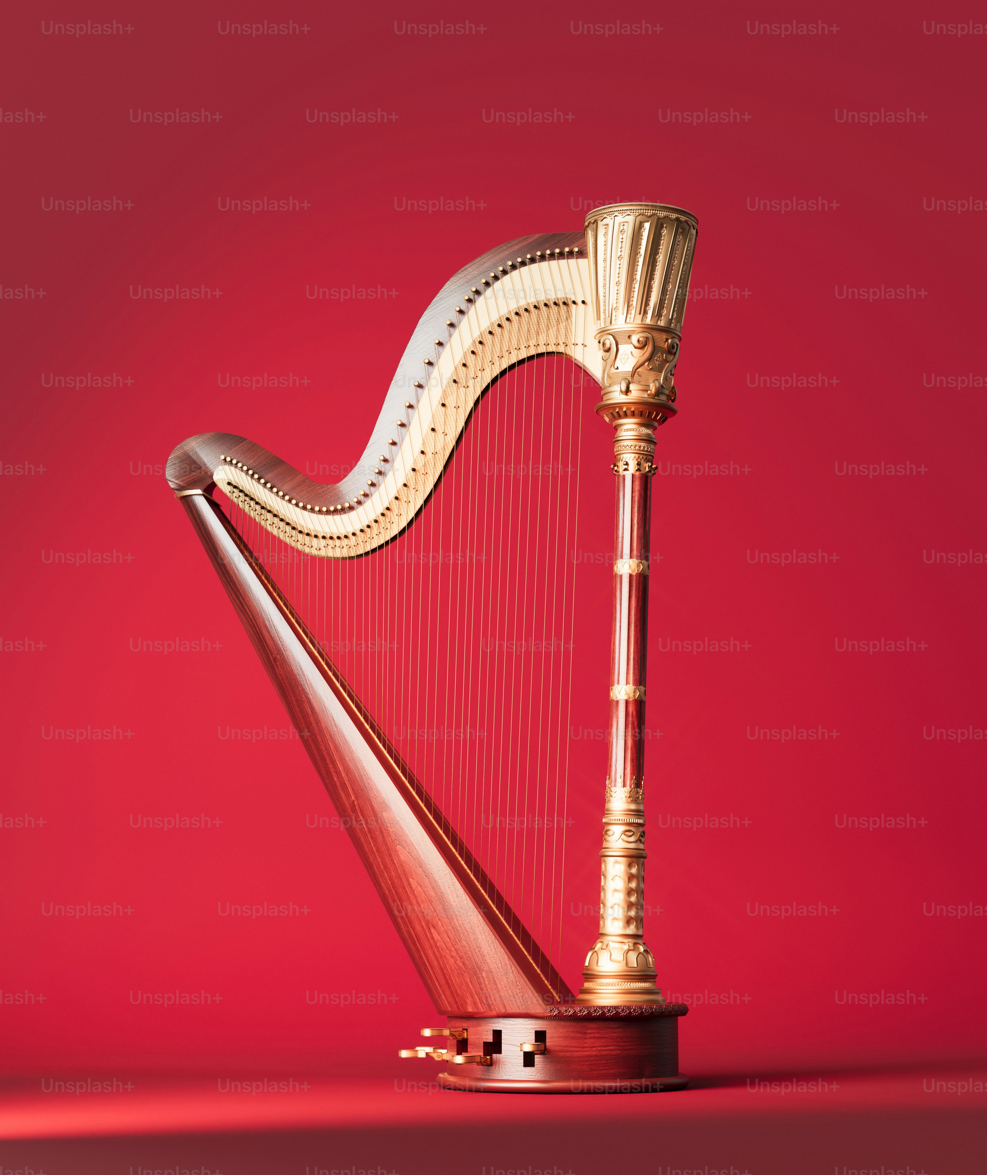 A detailed harp with gold accents on red background