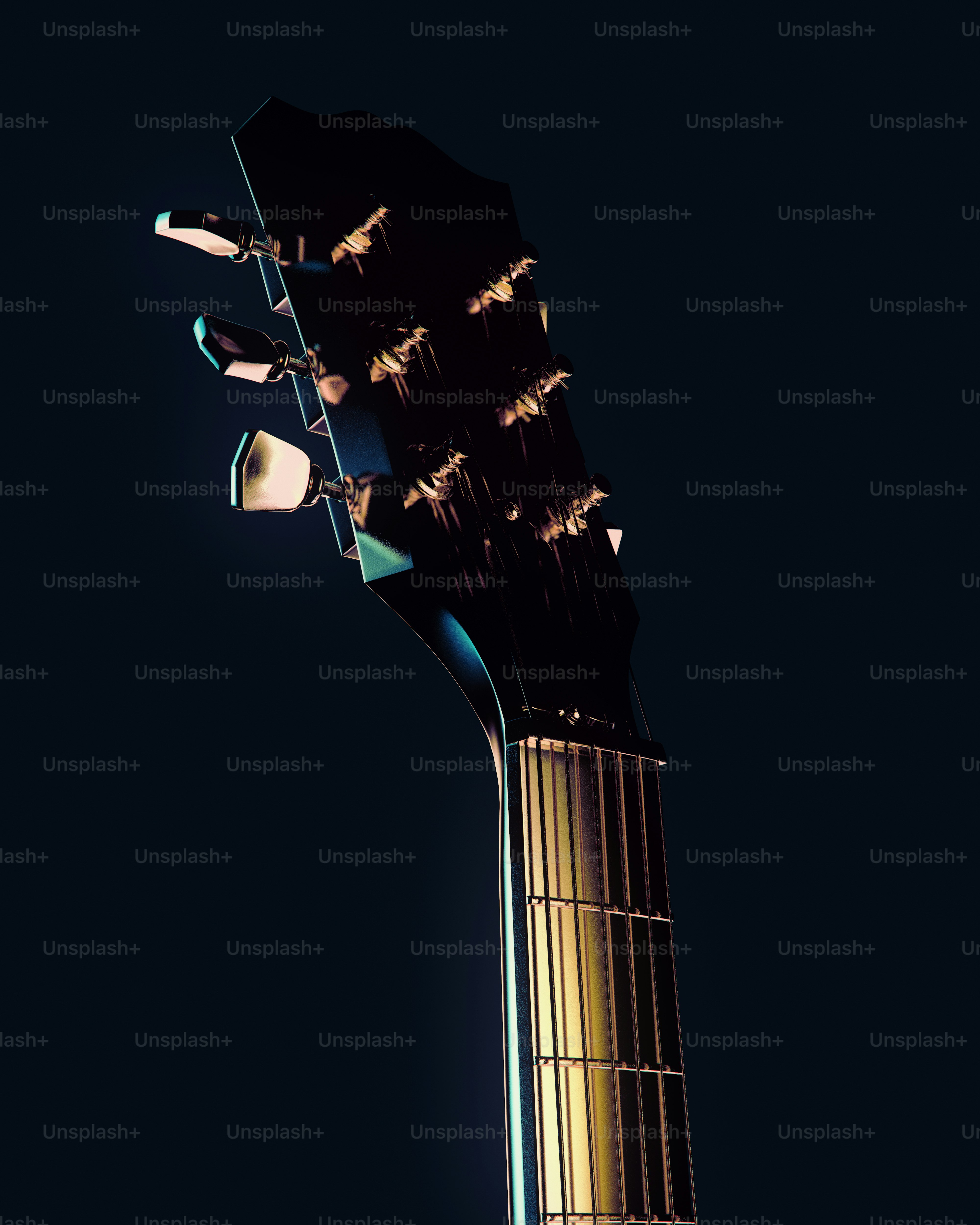 Close-up of a black electric guitar headstock