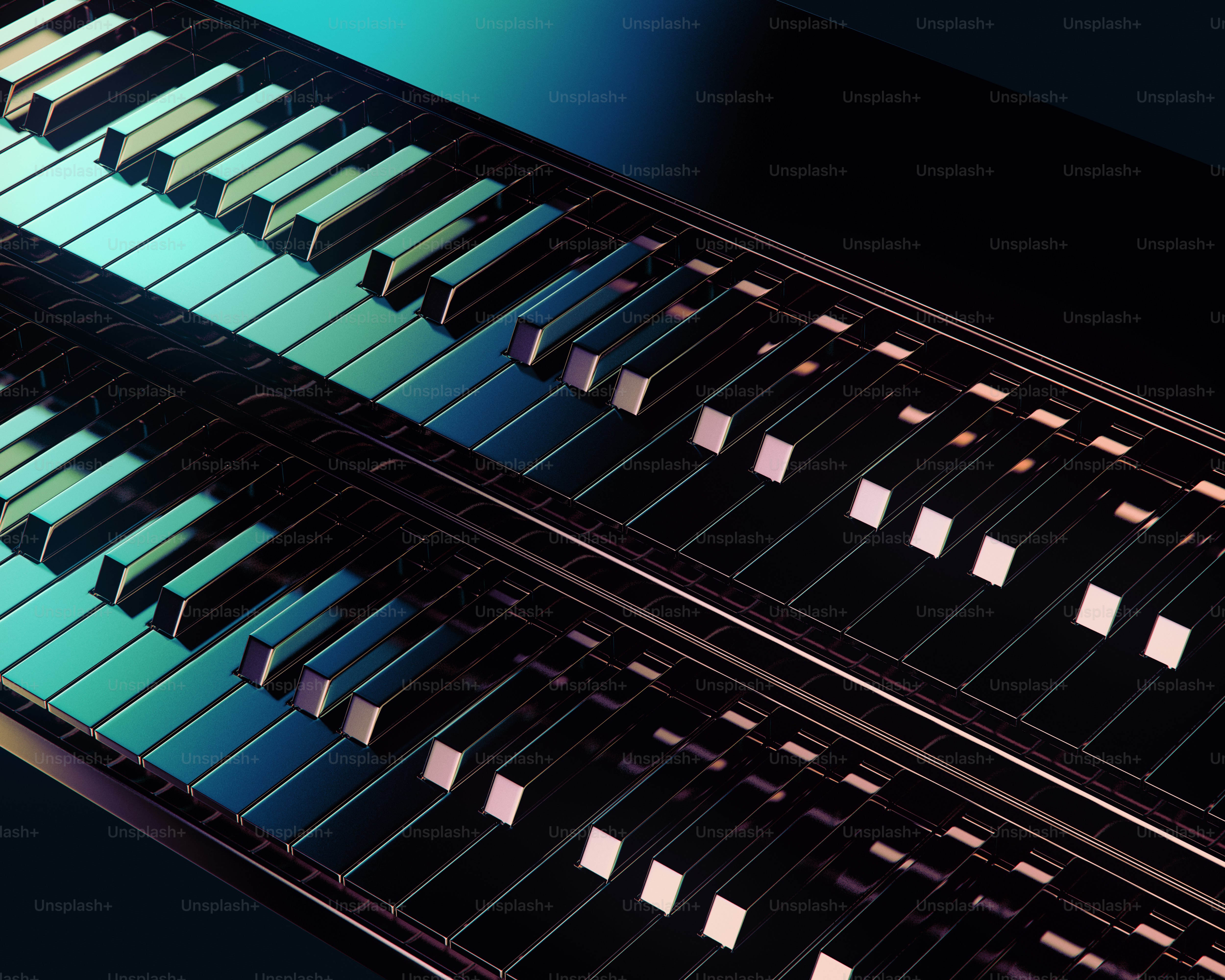 Close-up of a metallic piano keyboard with reflections.