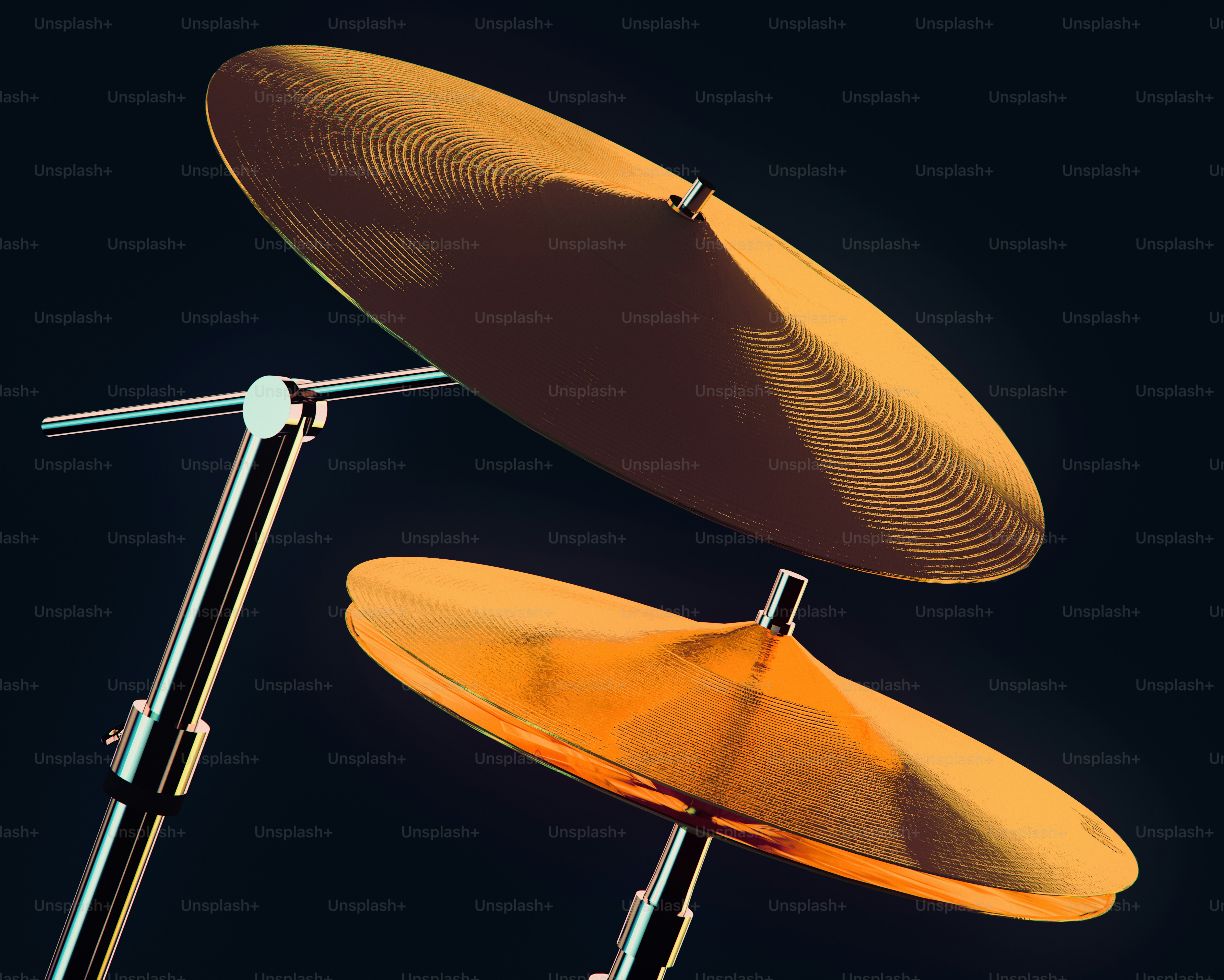 Two cymbals on a stand against a dark background