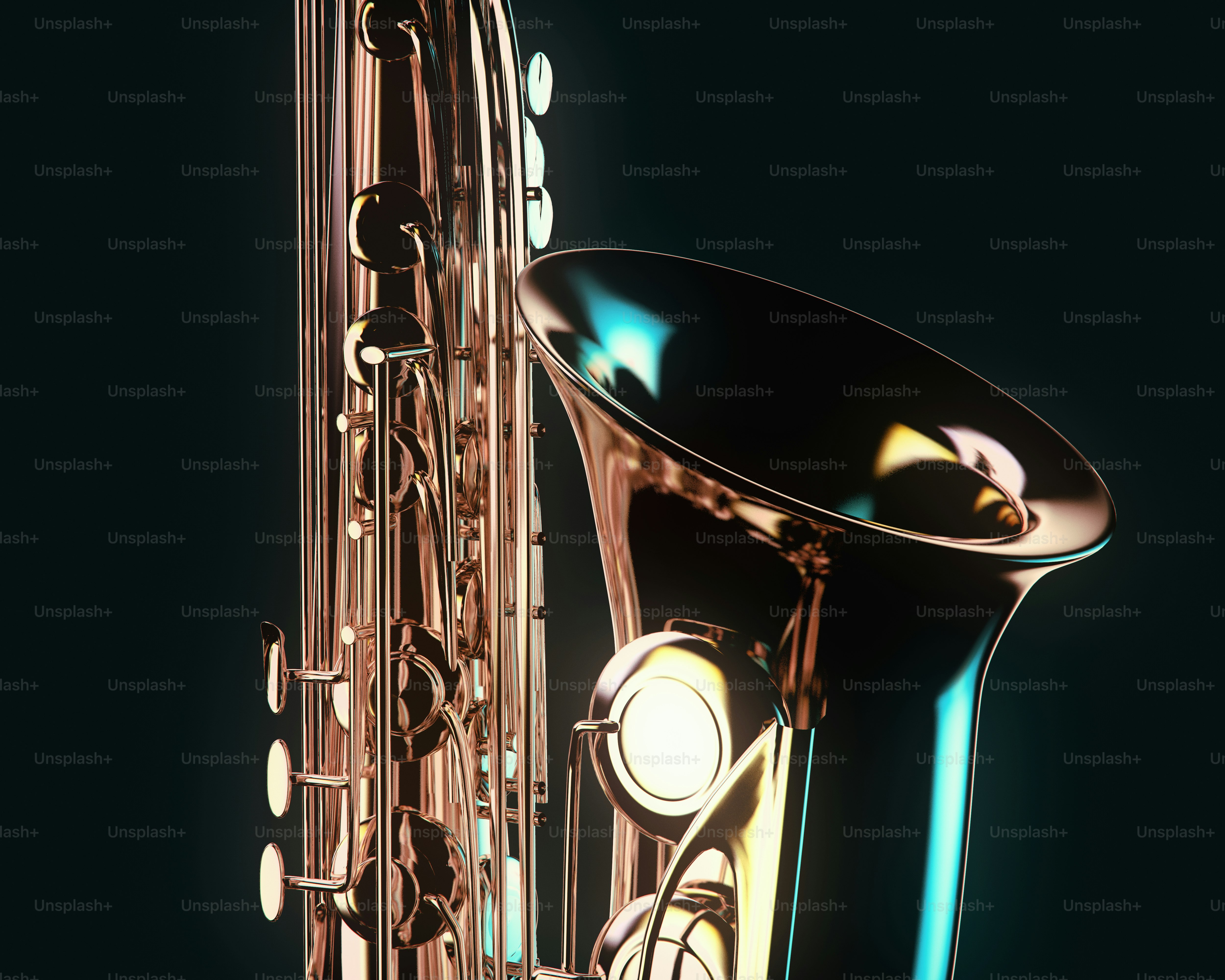 Close-up of a shiny brass saxophone on a dark background
