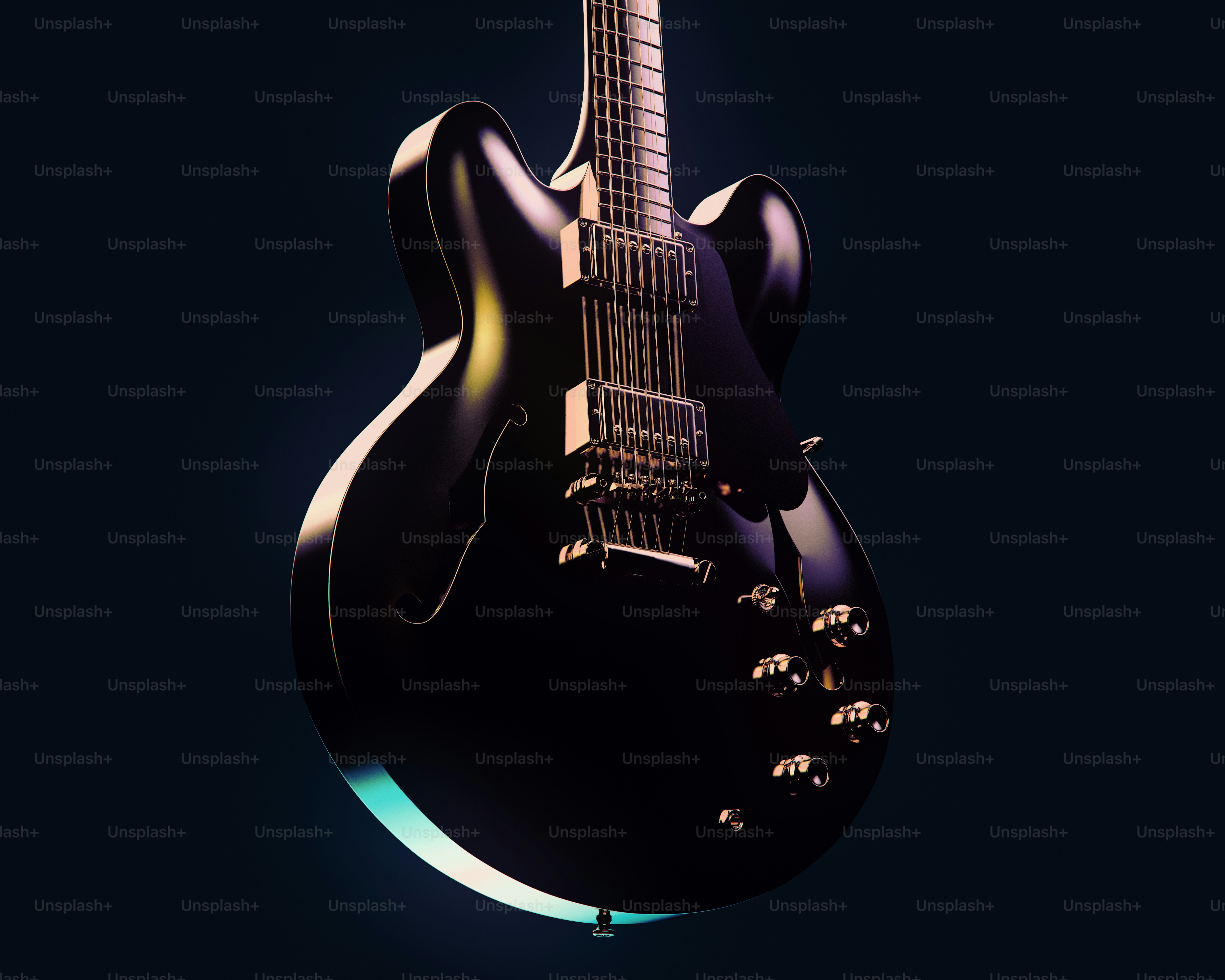 A glossy black electric guitar with gold hardware.