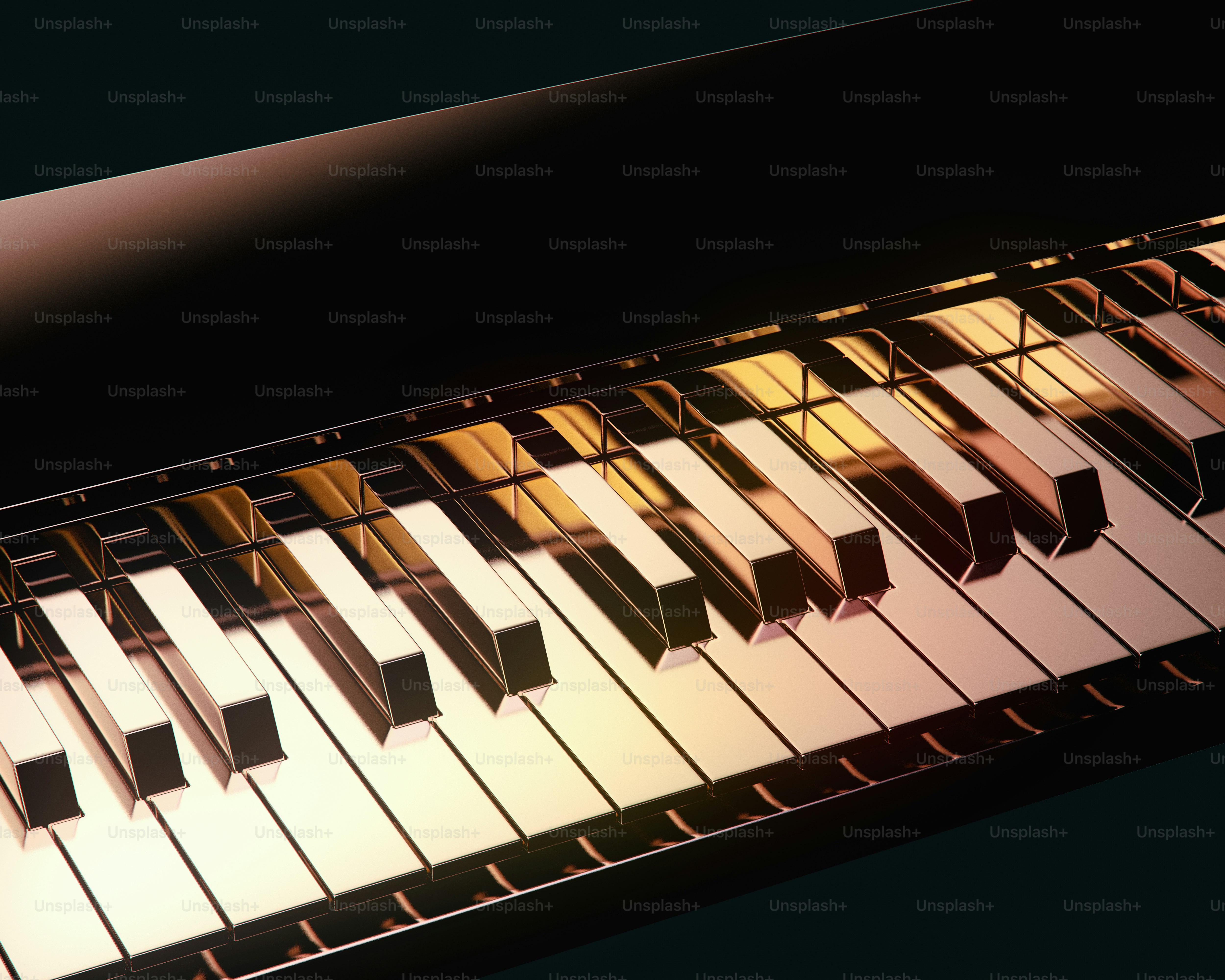Close-up of a piano keyboard with golden keys.