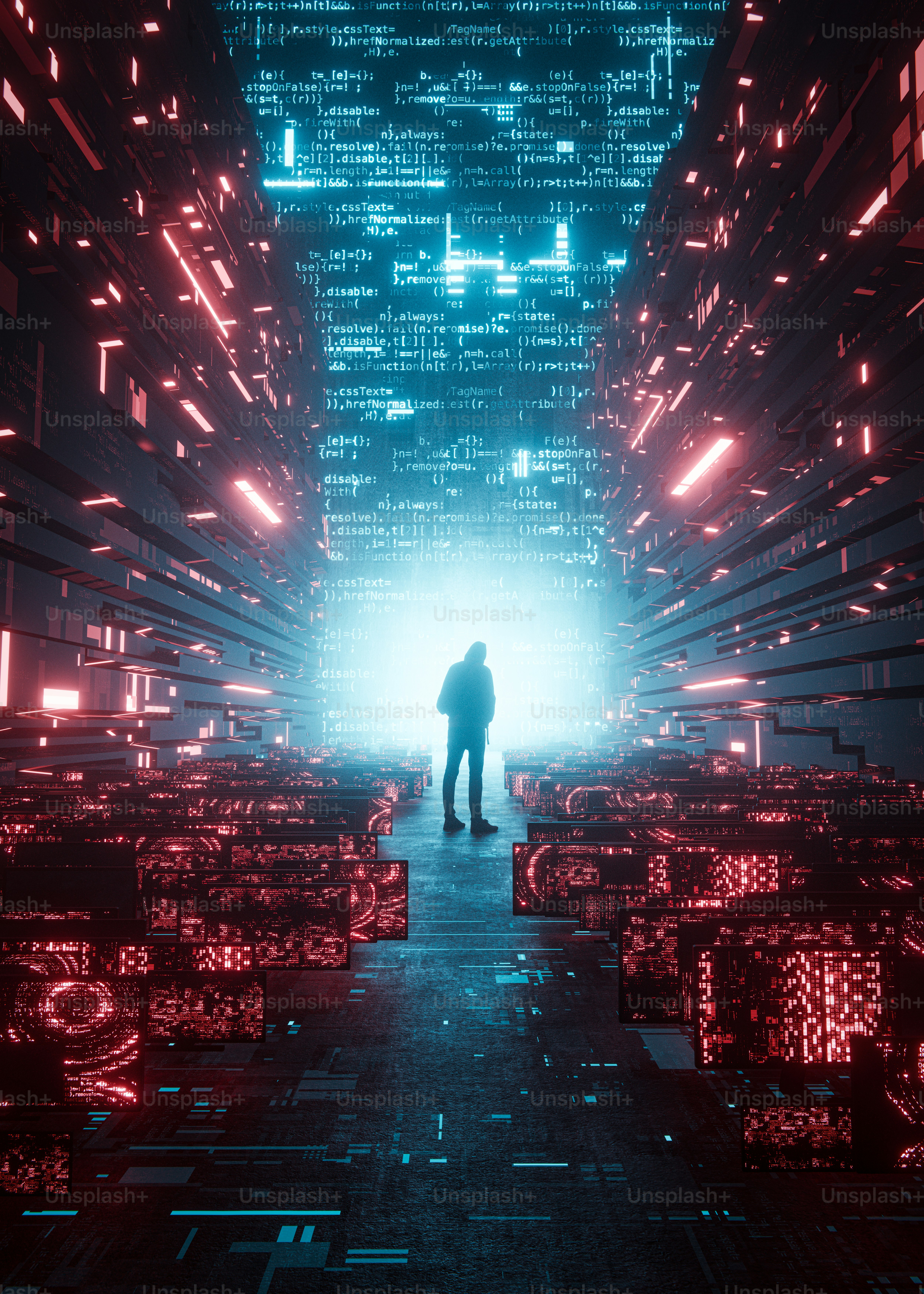 未来的なデジタル通路に立つ男が、光るライトに包まれている。