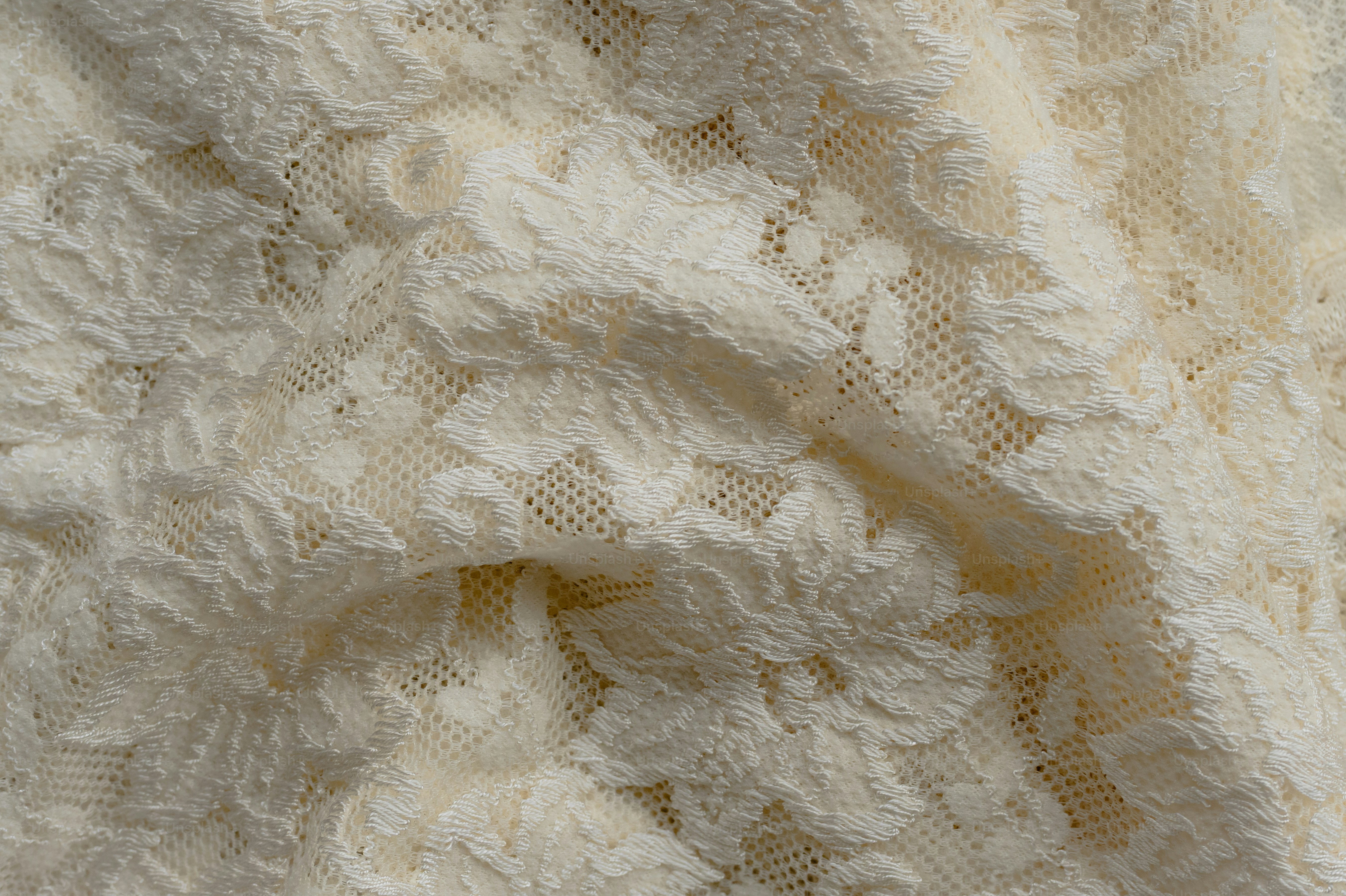 Close-up of delicate cream-colored floral lace fabric