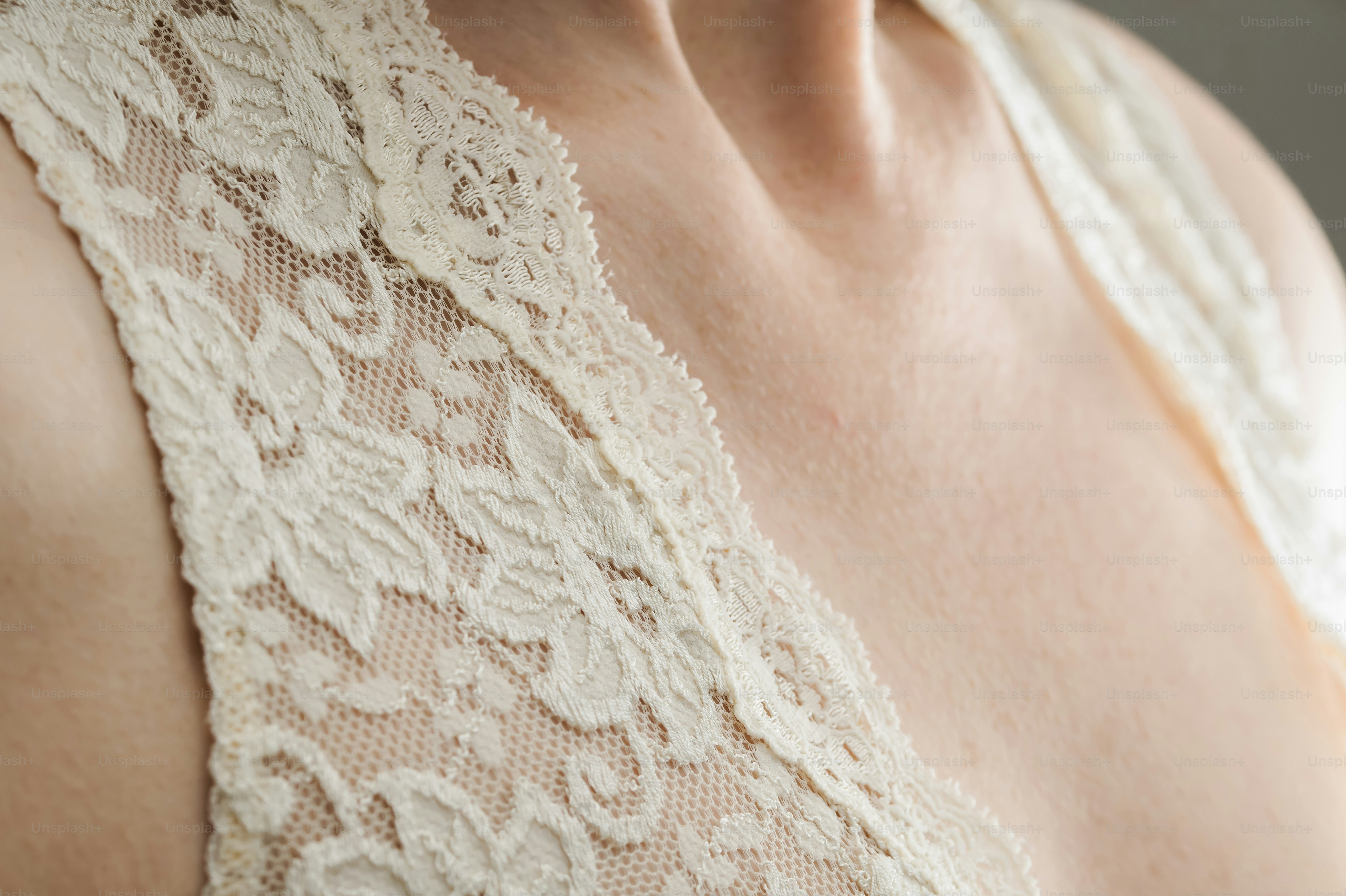 Close-up of a woman's décolletage with lace detail.