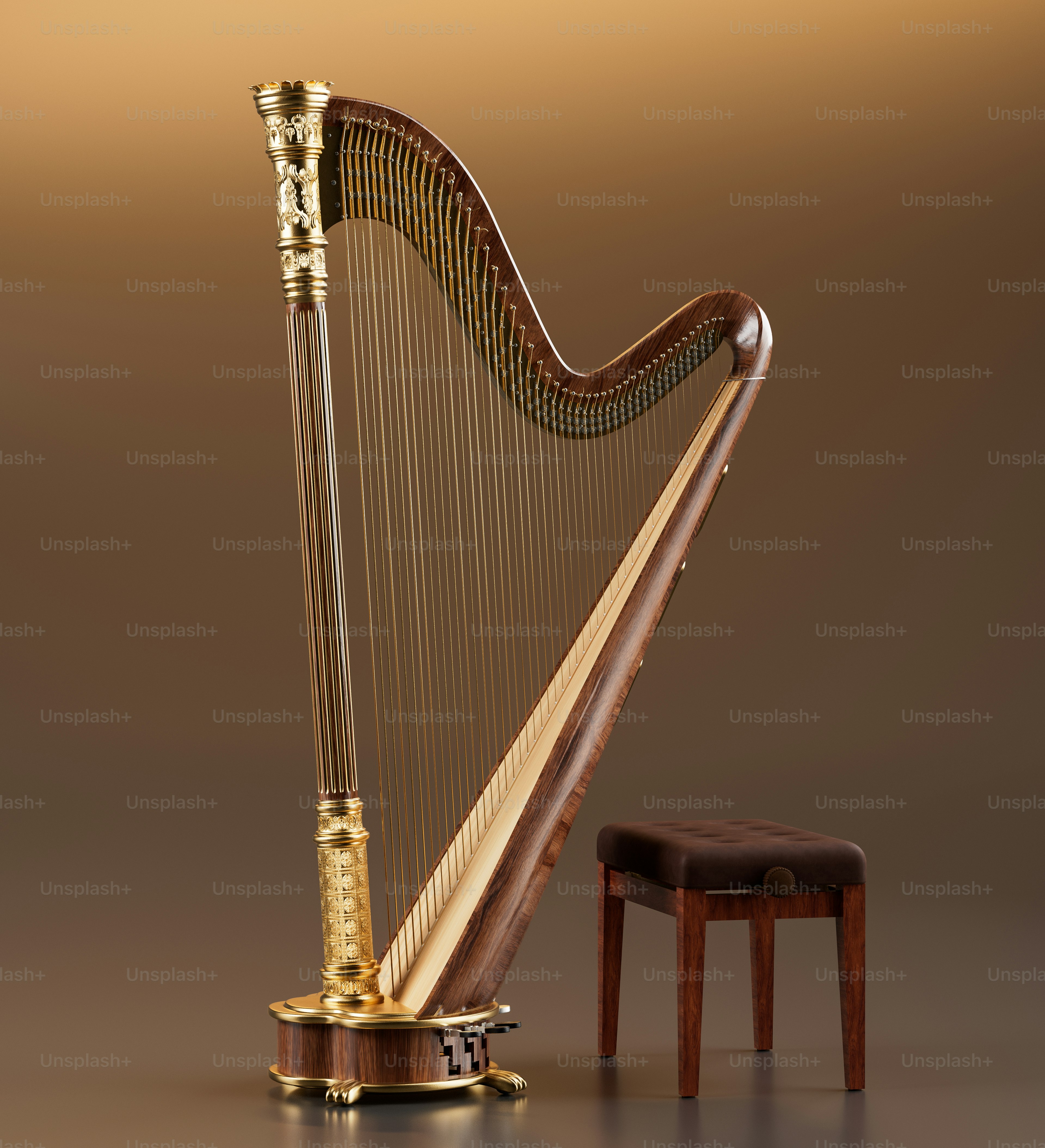 A wooden harp with golden accents and a stool