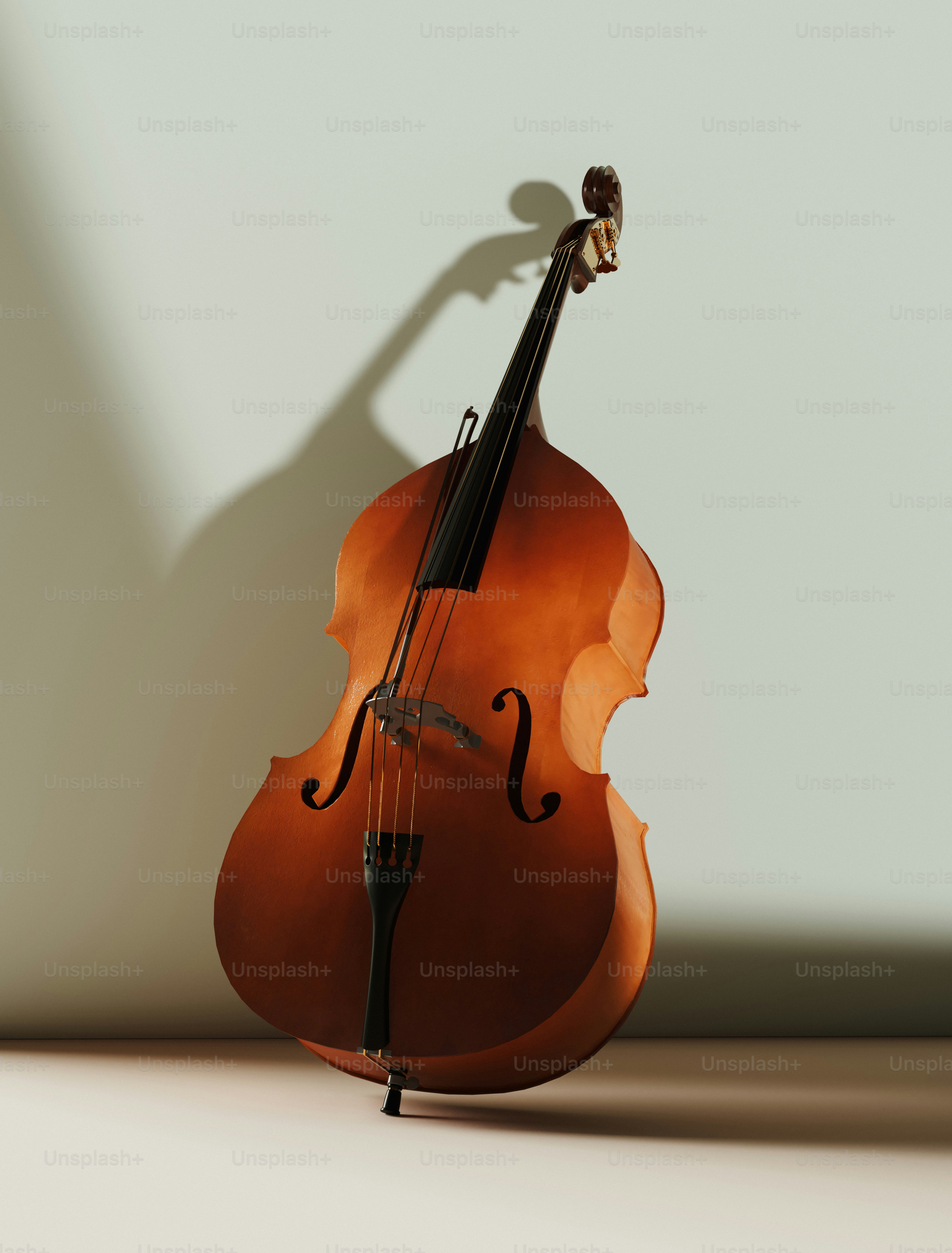 A polished upright bass leans against a wall.