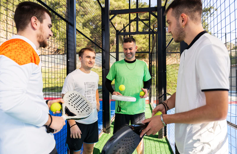 Four men with padel rackets on court