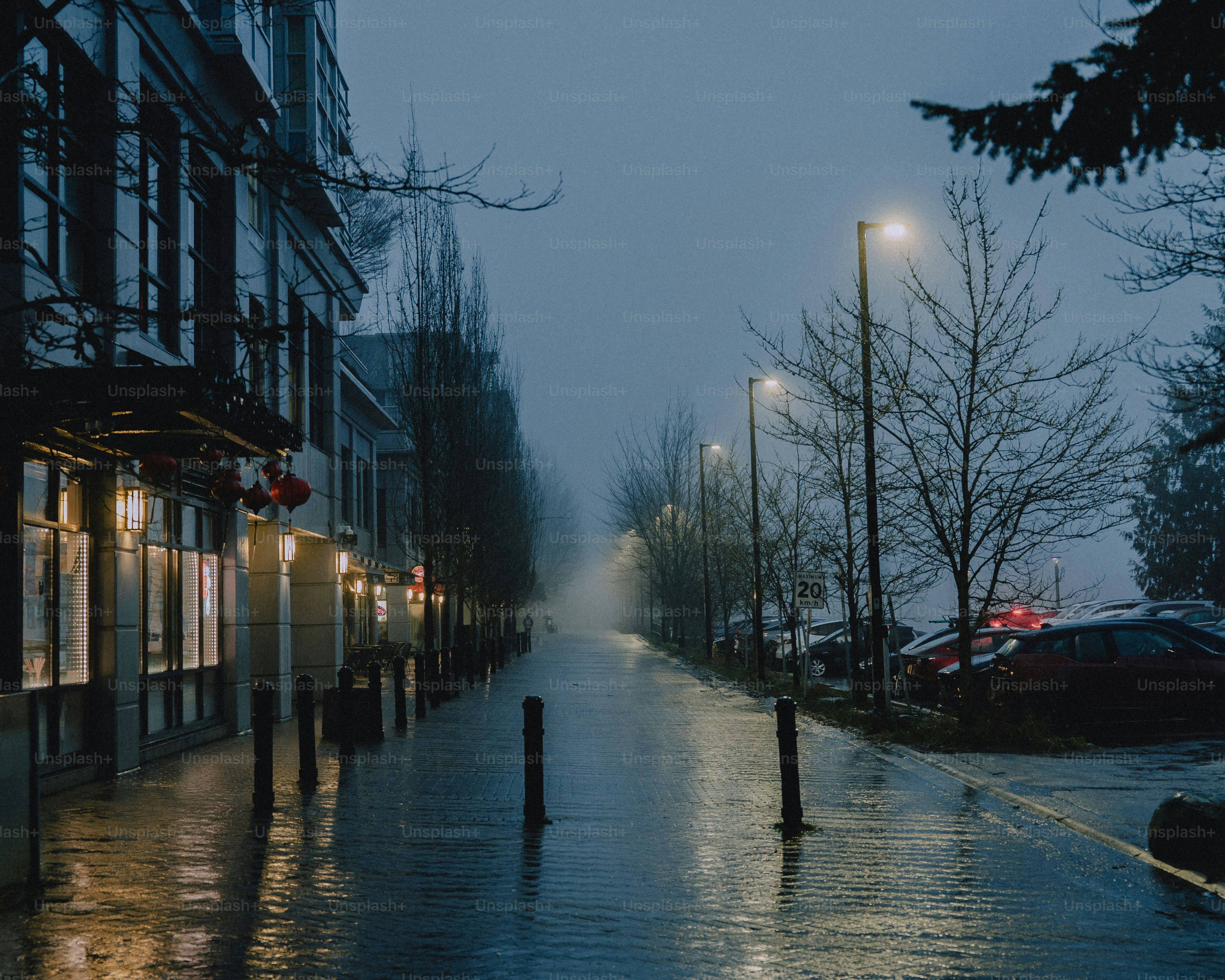 Streetlights illuminate a wet street on a foggy evening.