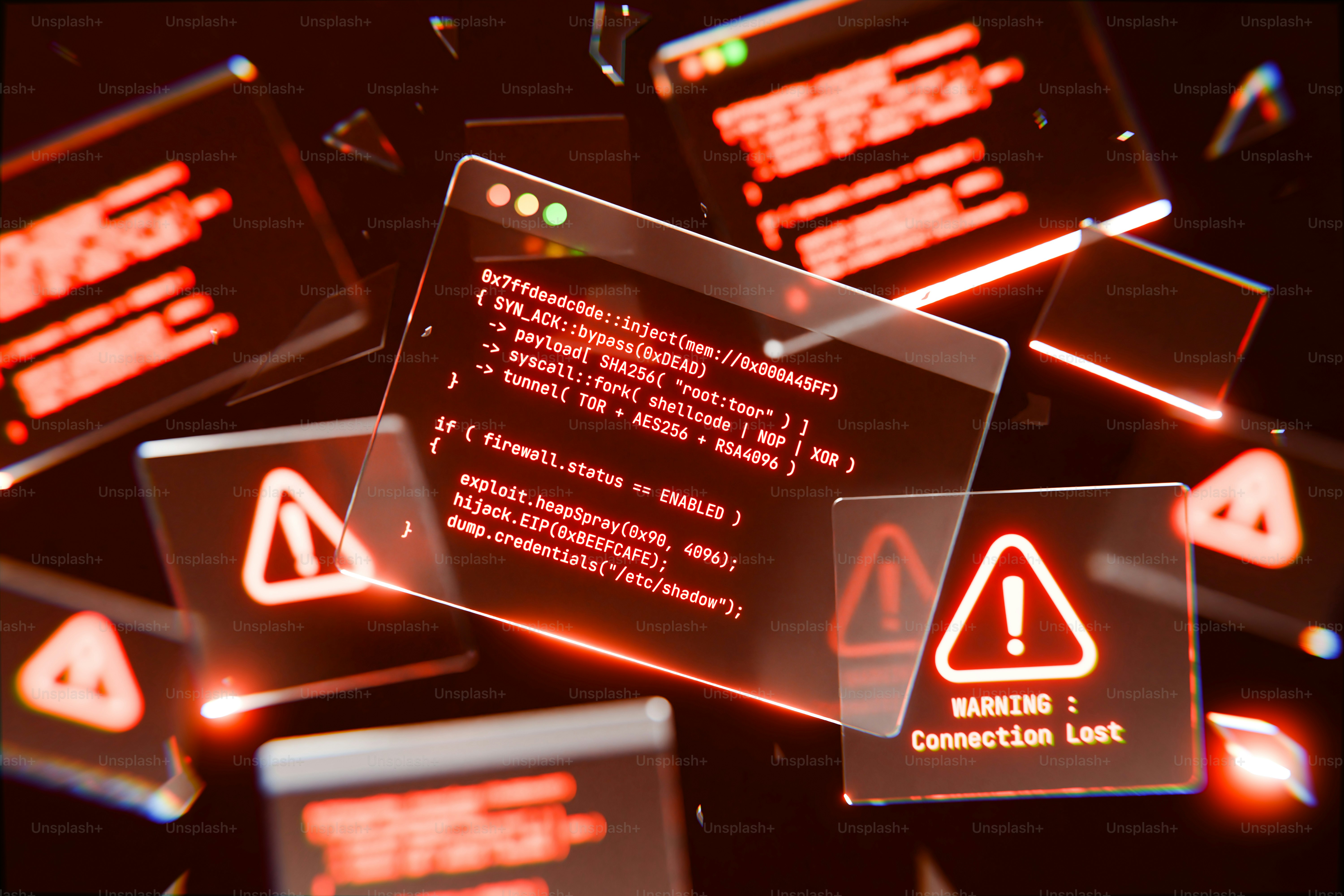 Digital error messages and warning signs float abstractly.