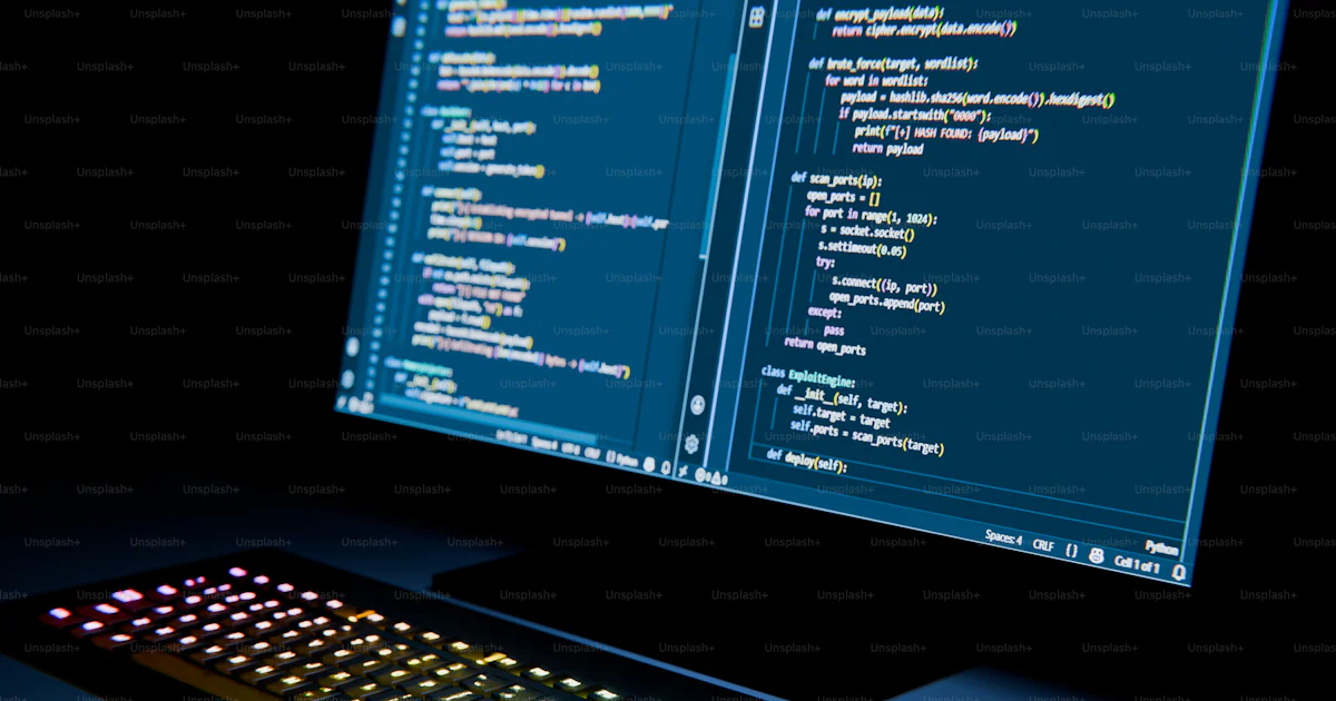 Computer screen displaying code with colorful keyboard. photo ...