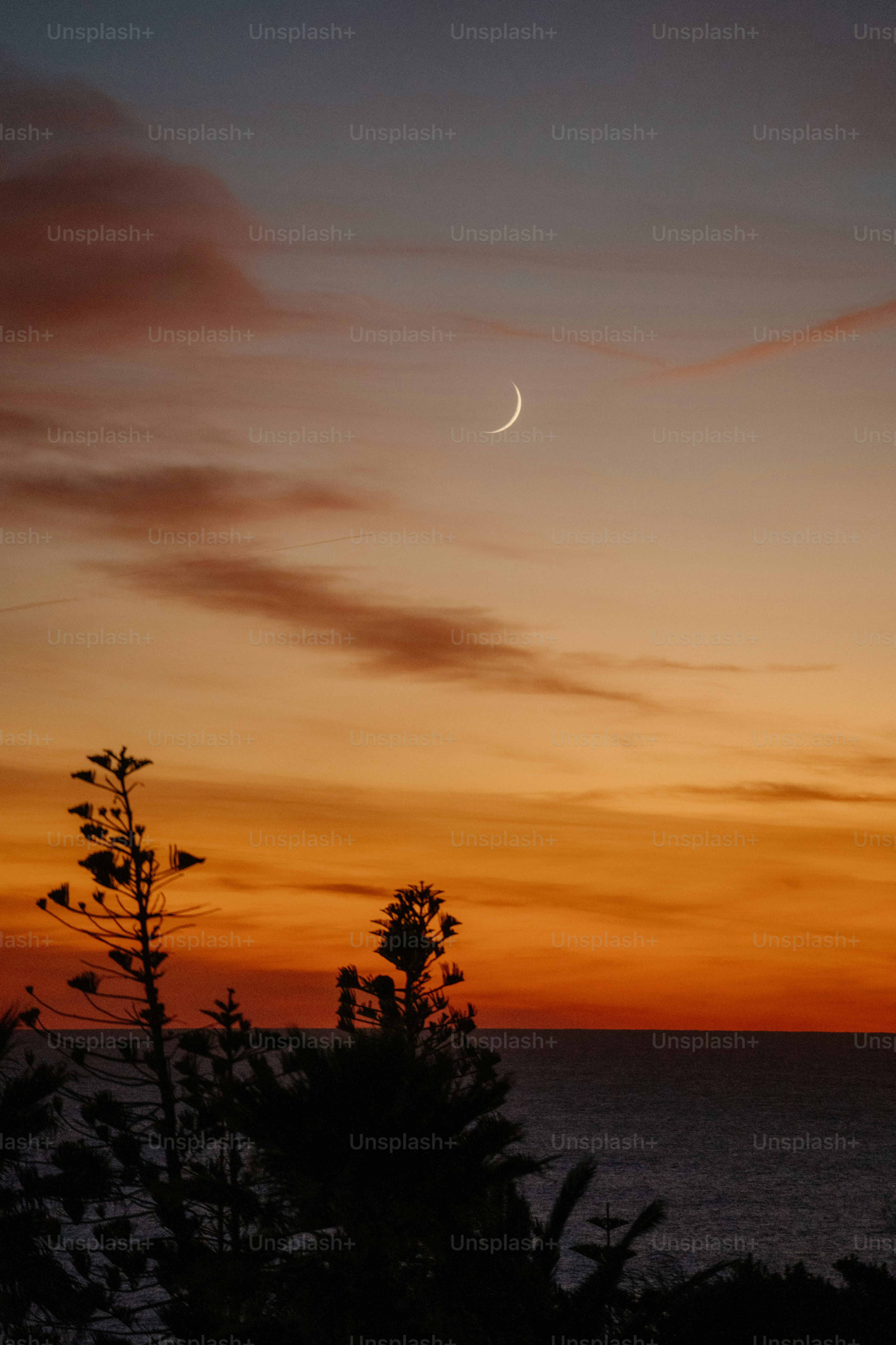 Crescent moon in a colorful sunset sky over the ocean