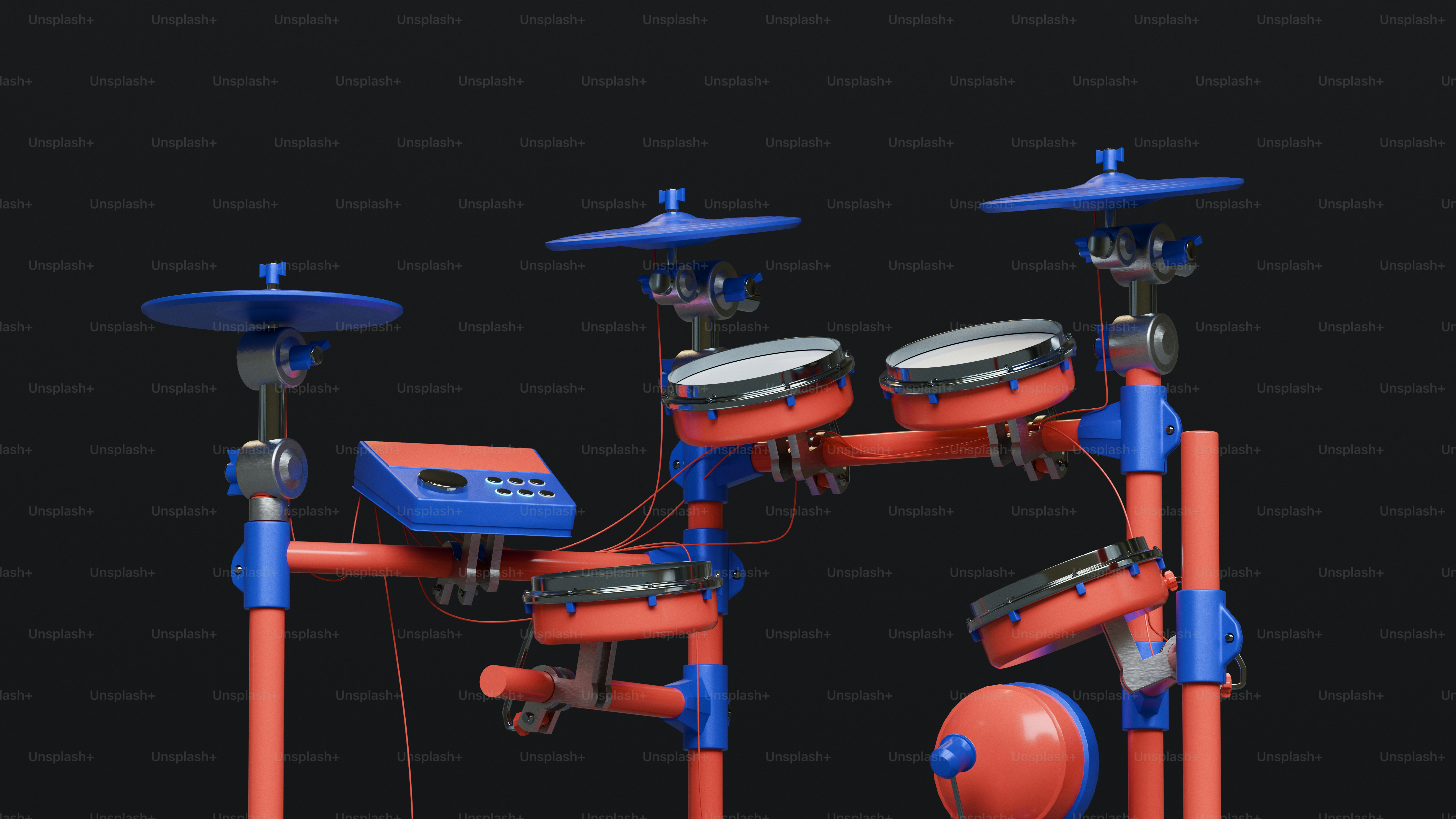 A colorful electronic drum set with blue and orange accents.