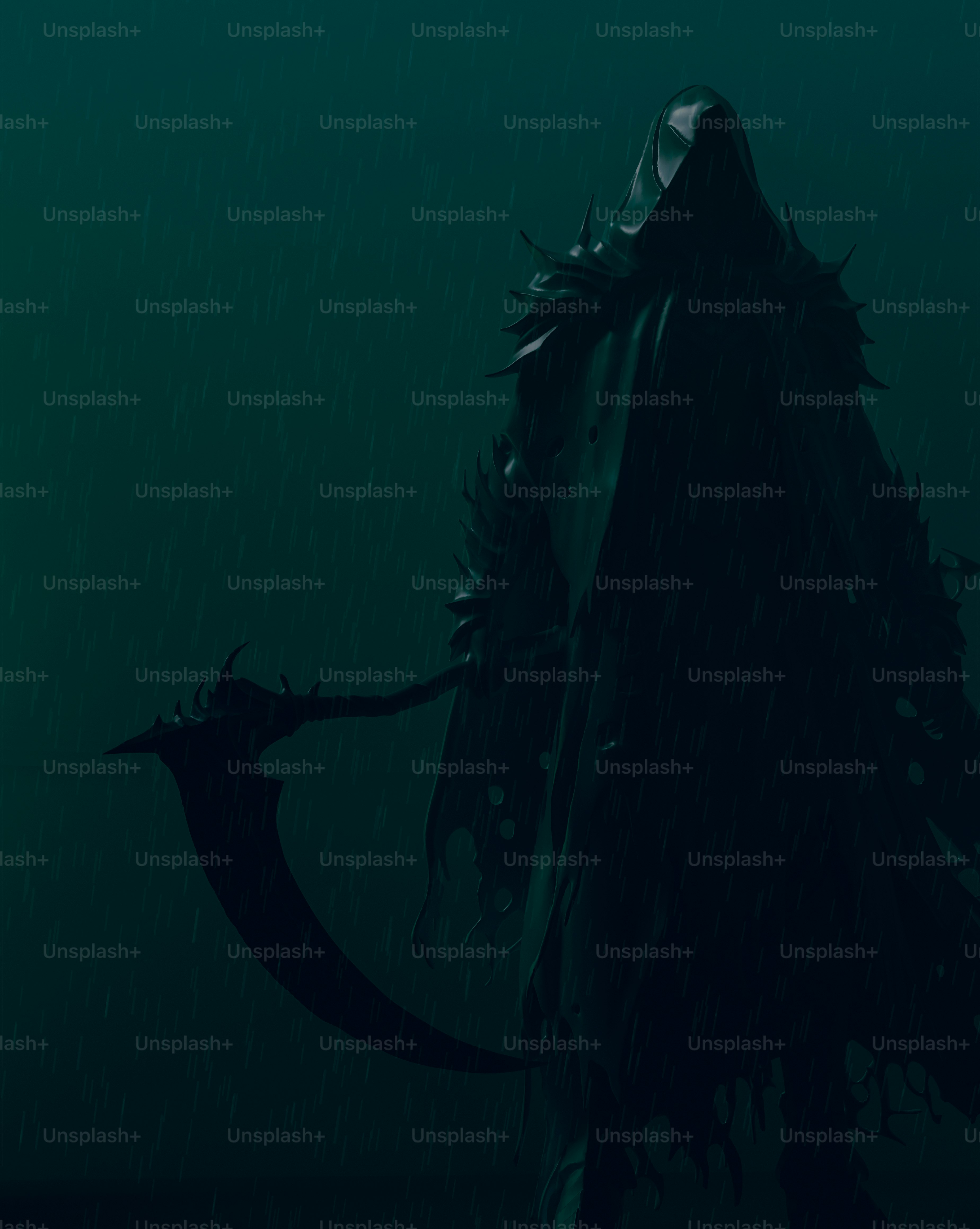 A dark figure in a hooded cloak holds a scythe. photo – Abstract Image ...