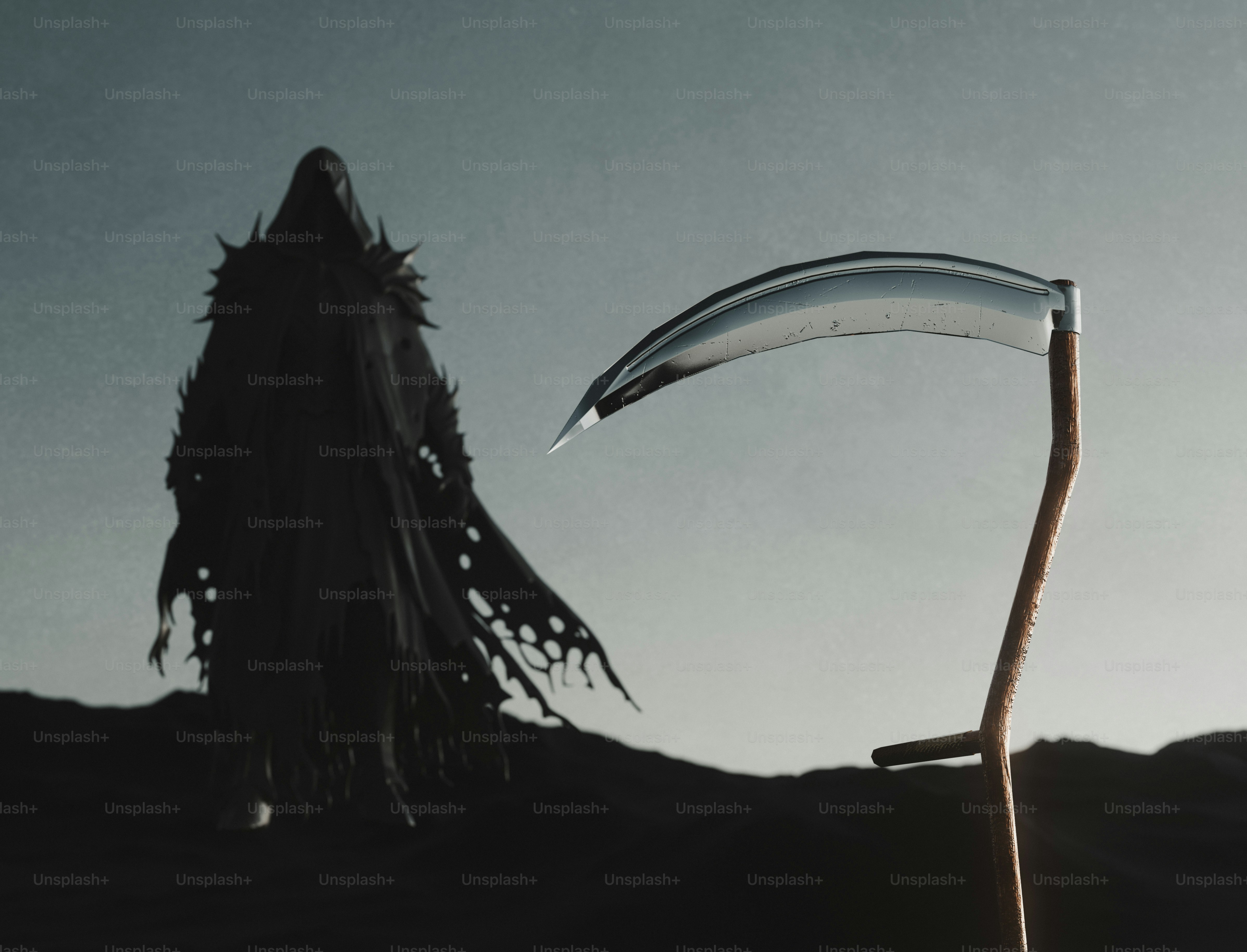 Sensenmann mit Sense in trostloser Landschaft