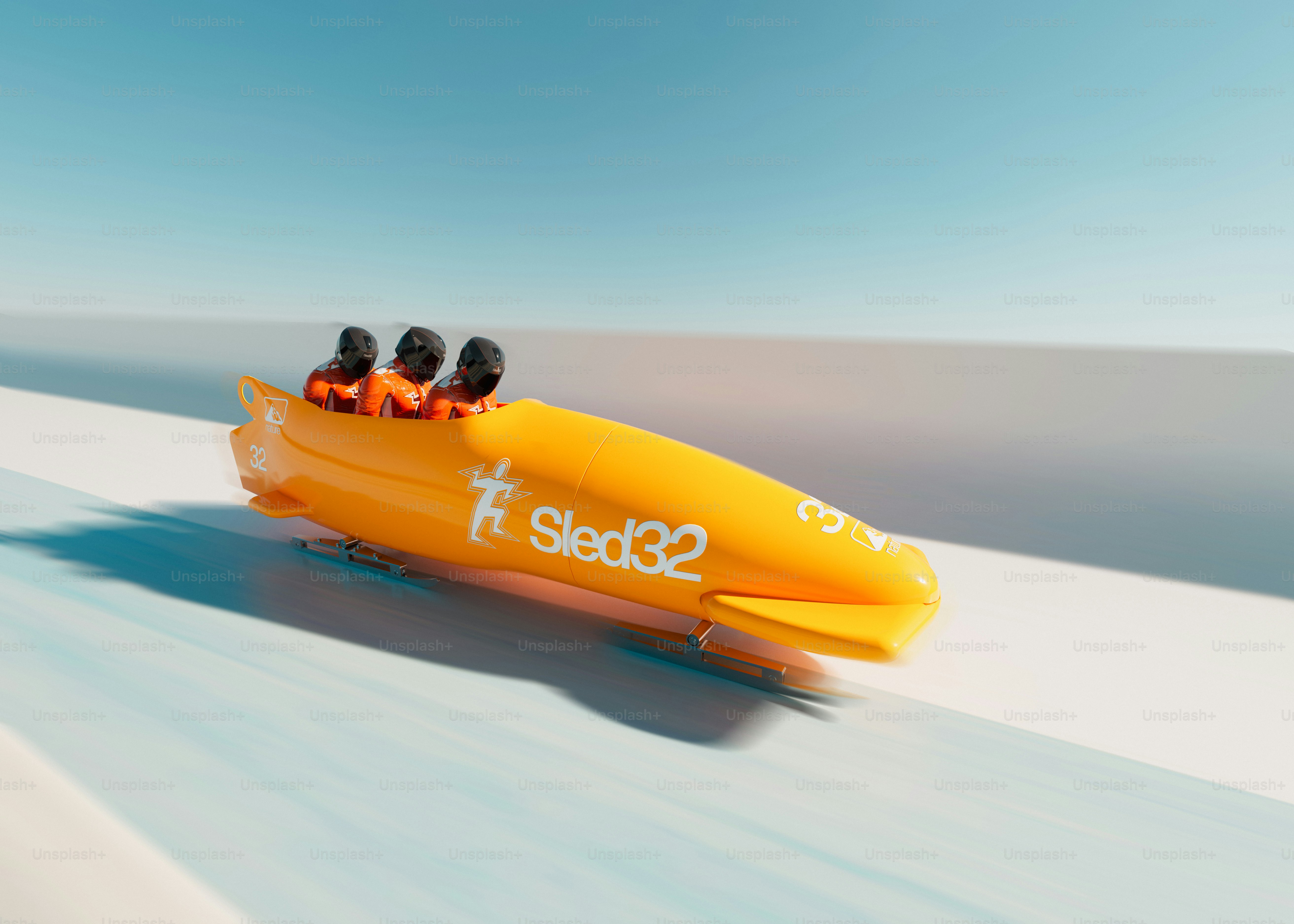 A bobsled with three people speeding down a track.