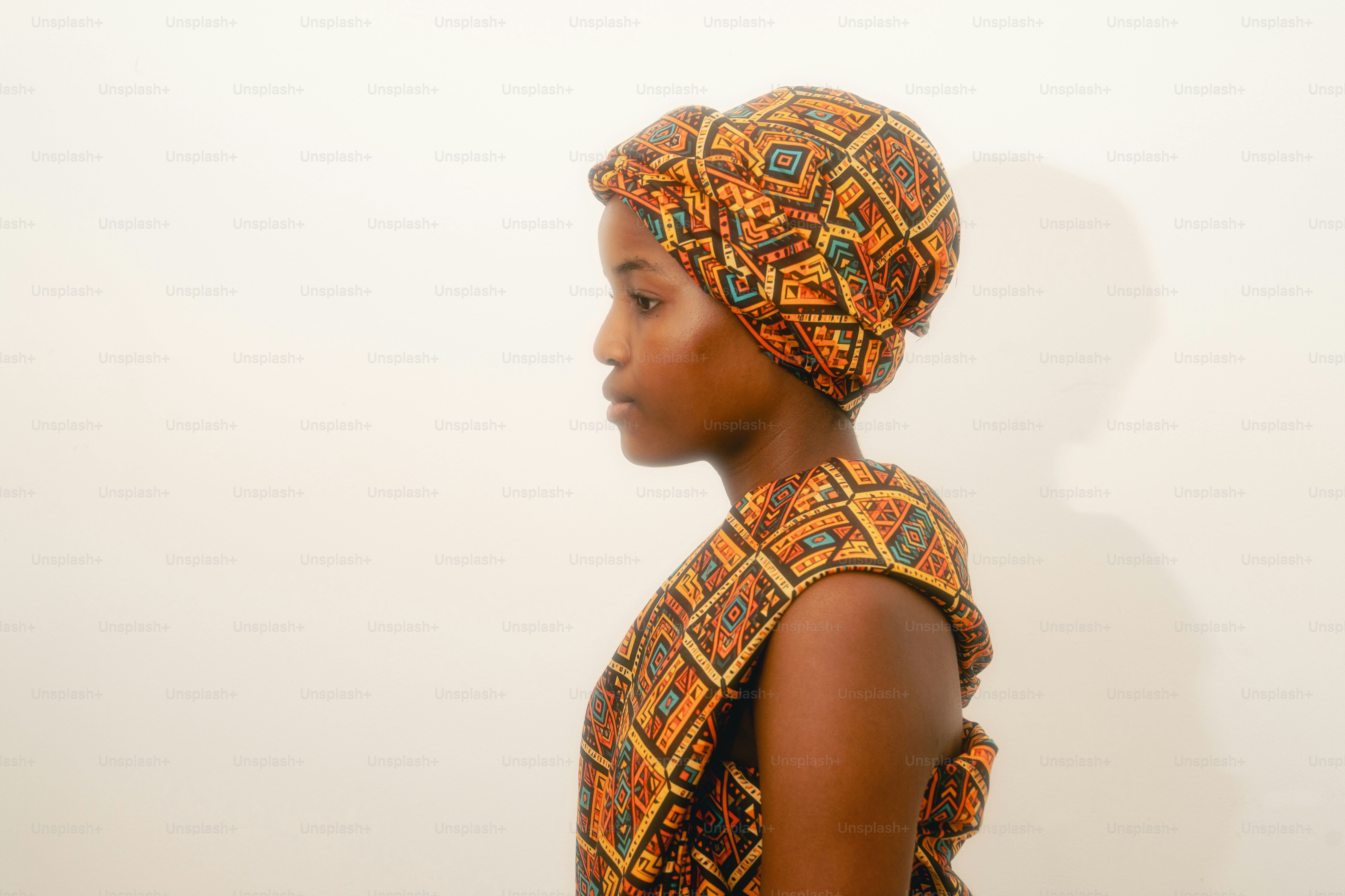 Young woman in traditional african patterned clothing.
